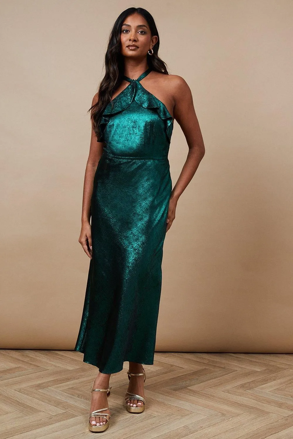 Foil Halterneck Ruffle Foil Midaxi Dress