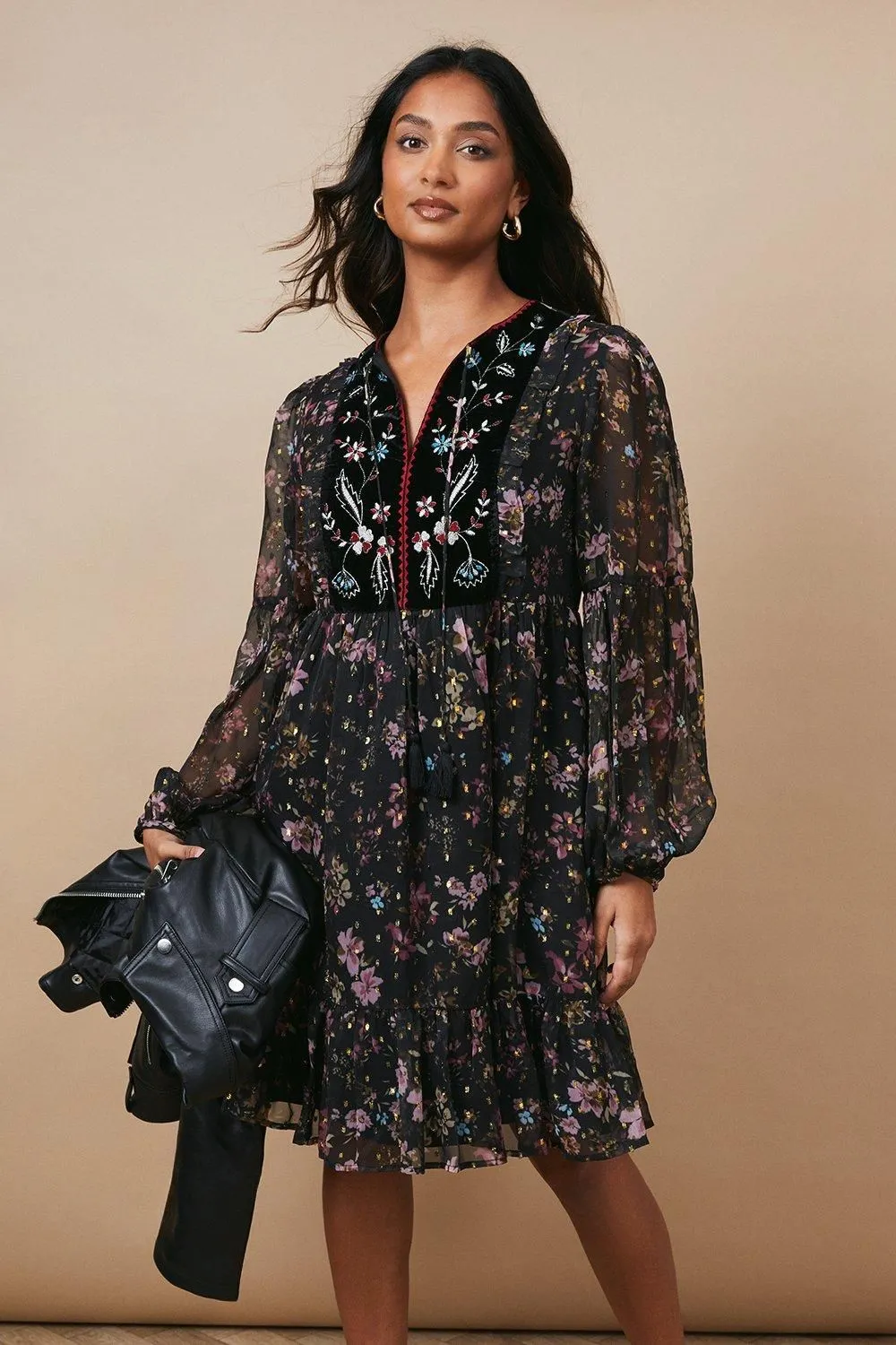 Occasion Floral Metallic Embroidered Smock Dress
