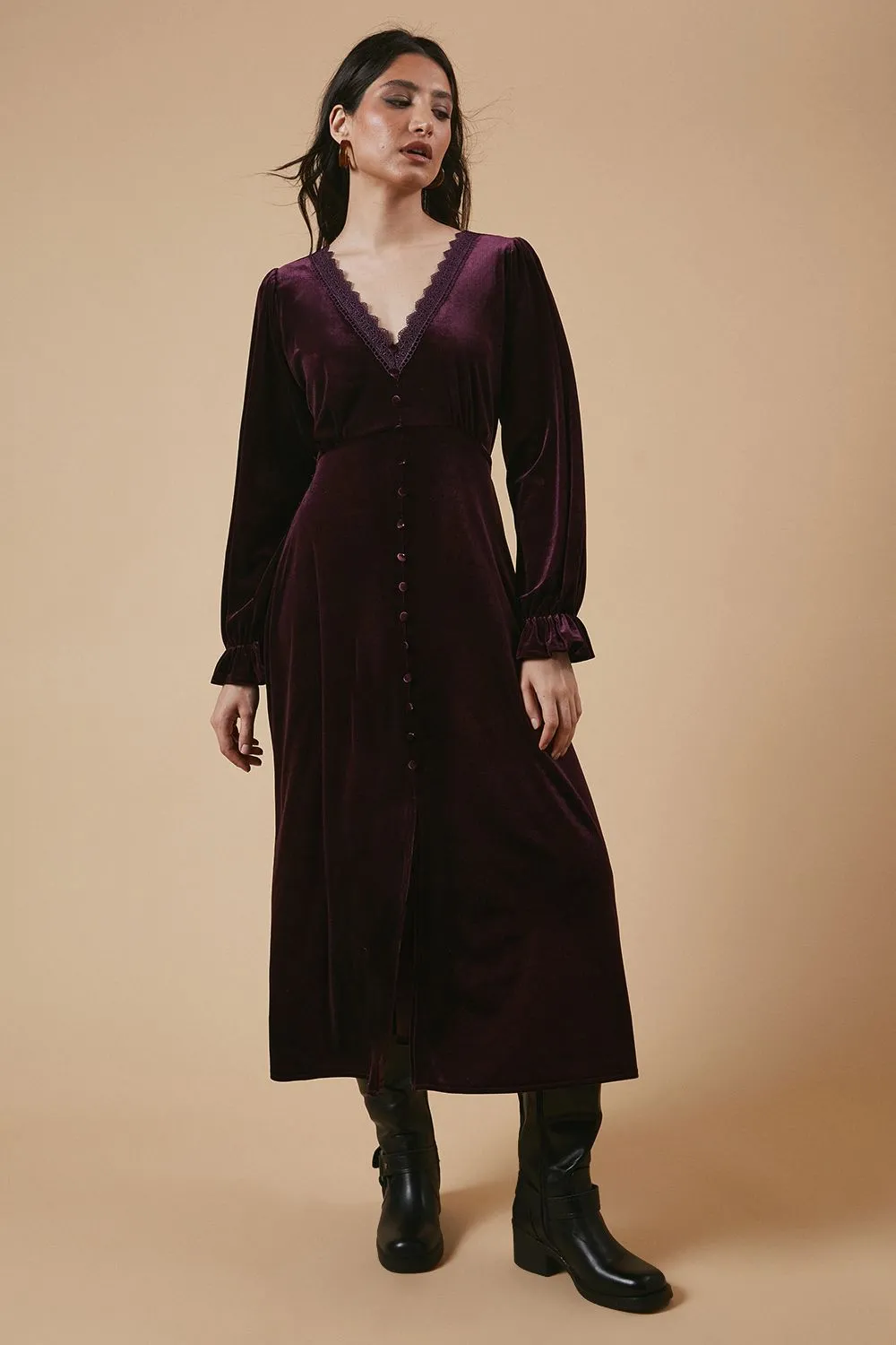 Velvet Lace Trim Button Through Midi Dress
