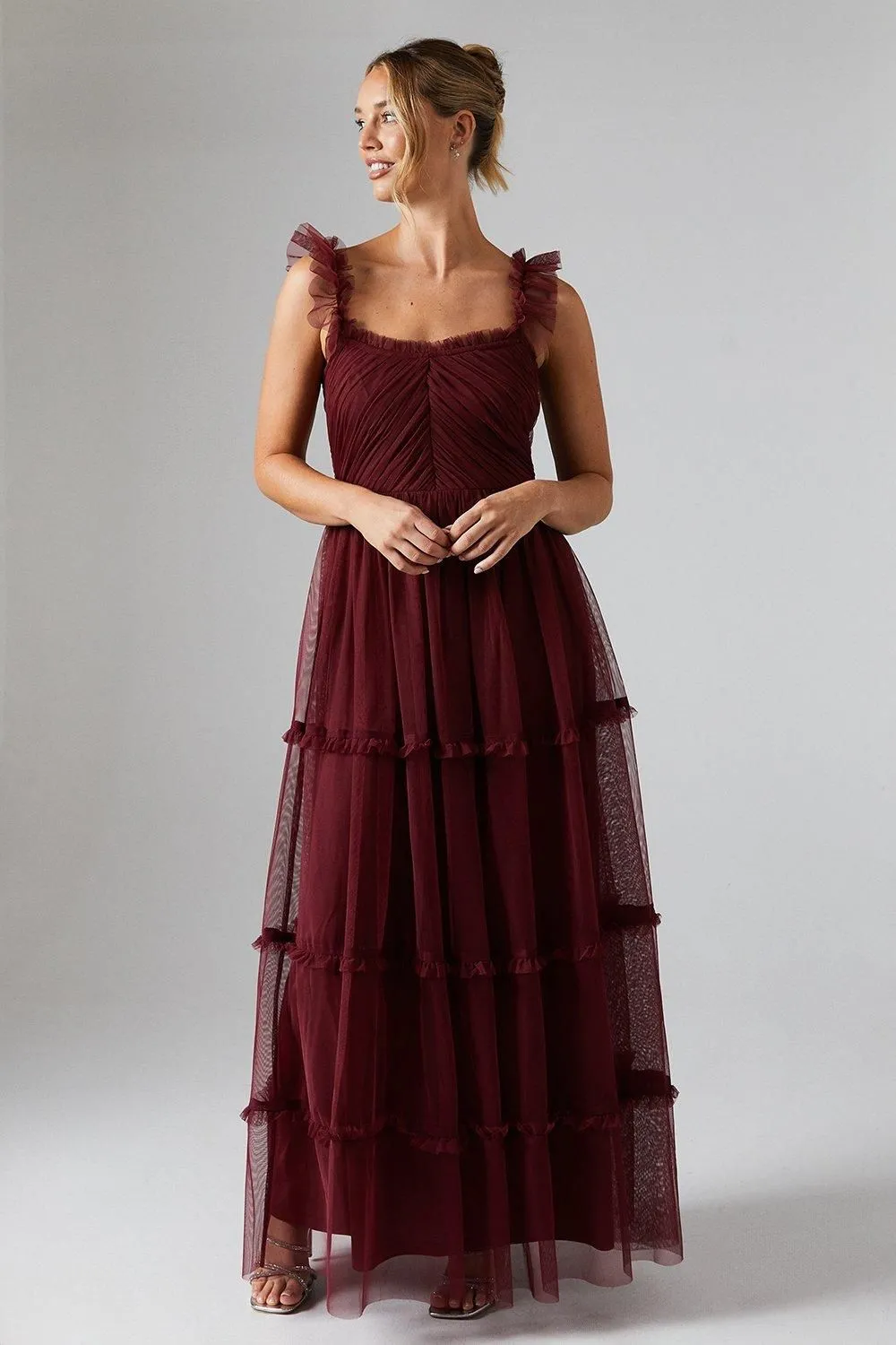 Flutter Sleeve Tiered Mesh Bridesmaid Dress