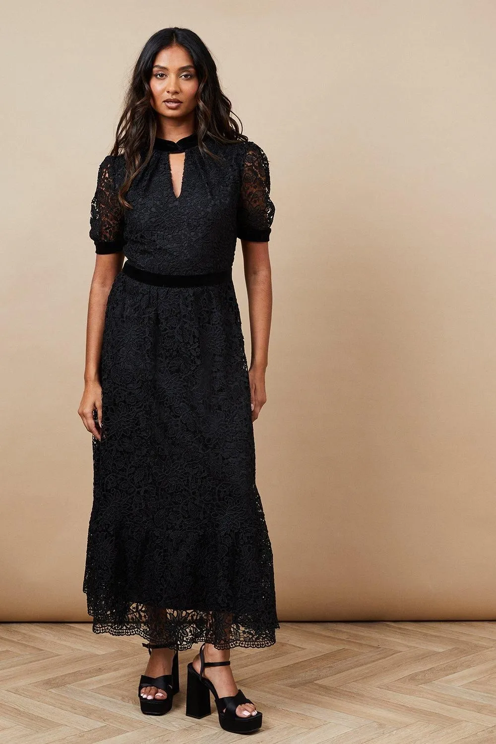 Occasion Lace Twist Neck Midi Dress