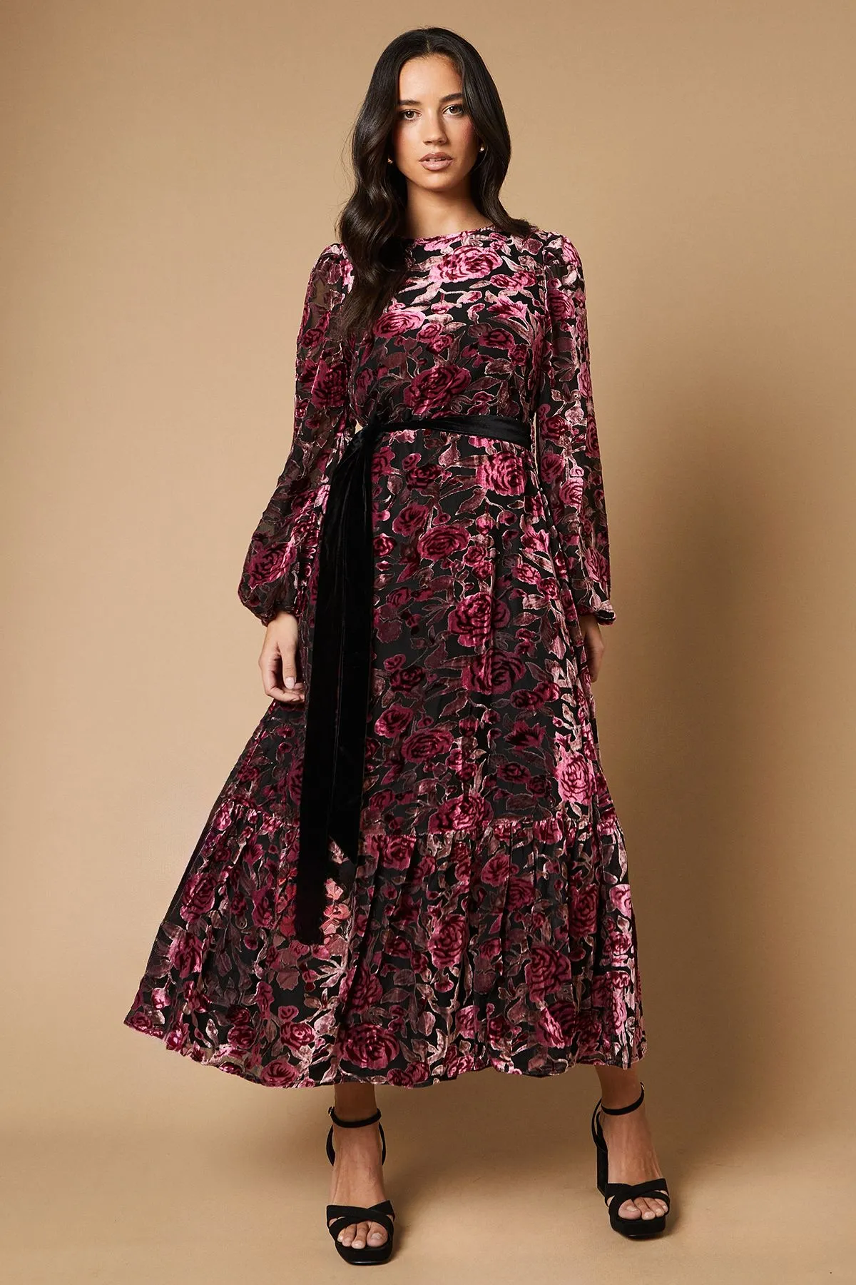 Velvet Contrast Belted Maxi Dress