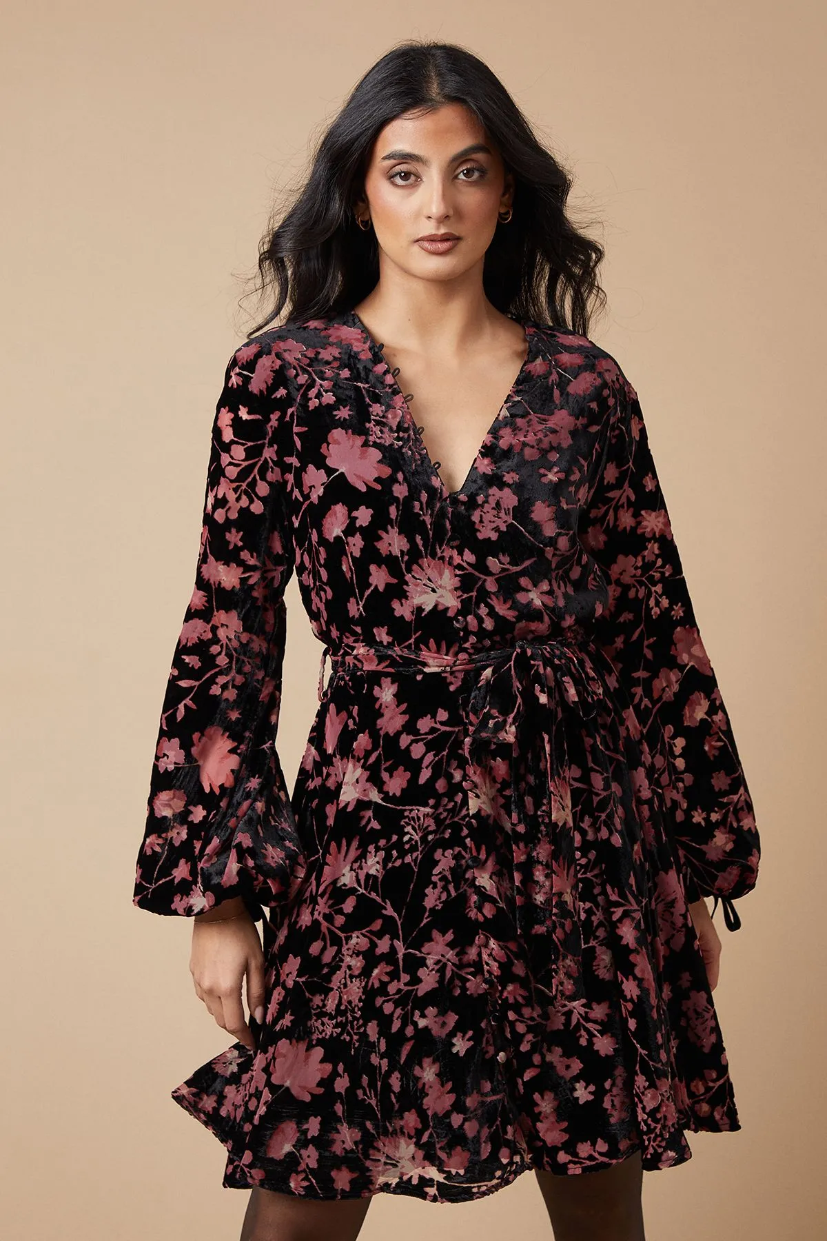 Velvet Long Sleeve Button Detail Mini Dress