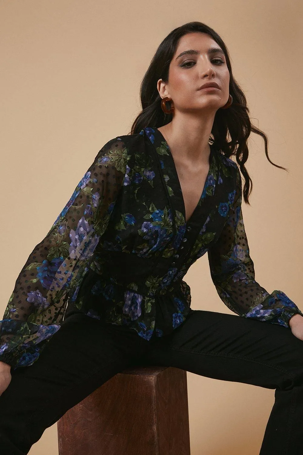 Floral Dobby Chiffon Contrast Detail Button Through Blouse