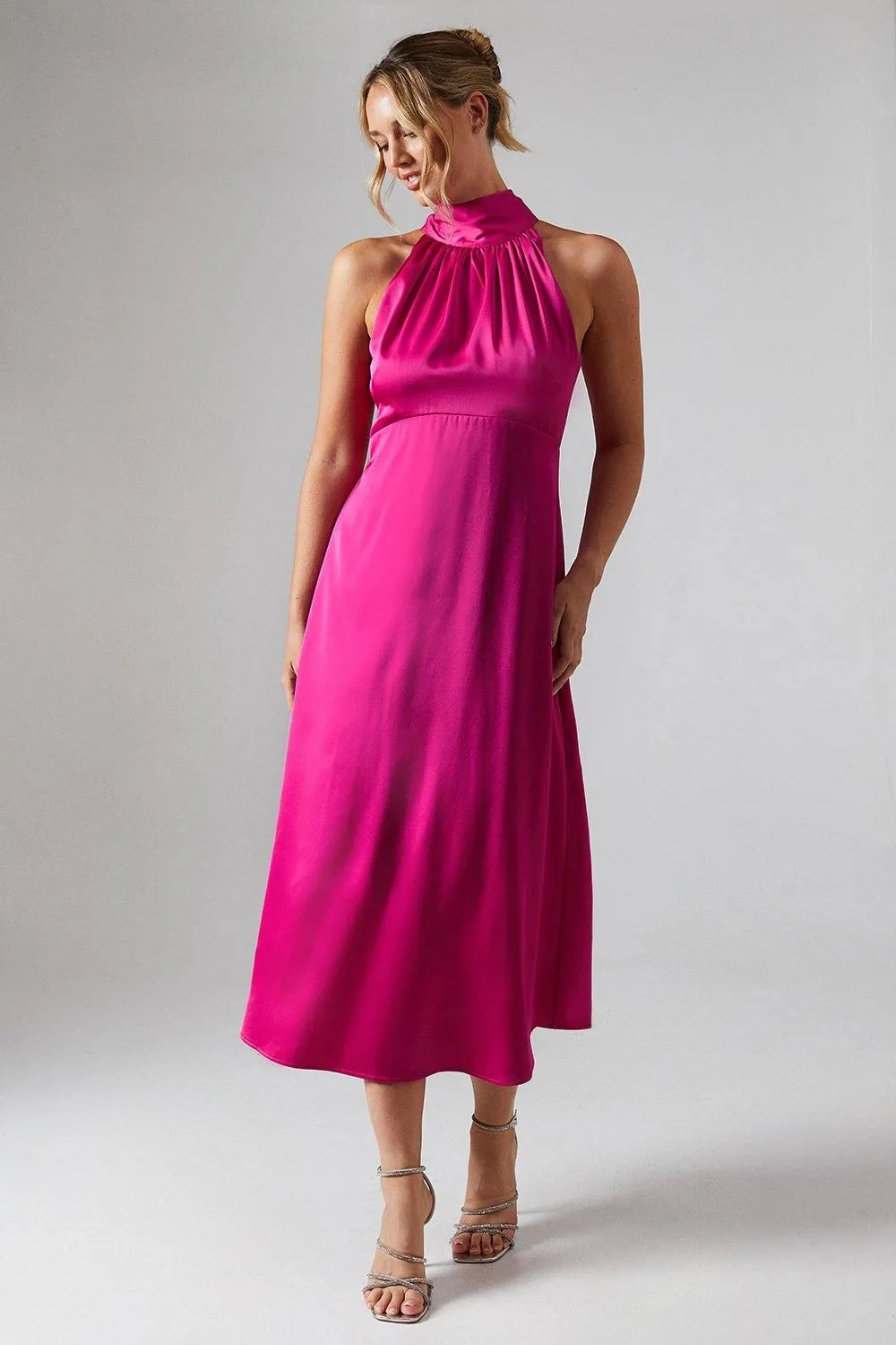 Satin Halter Neck Midi Bridesmaid Midi Dress