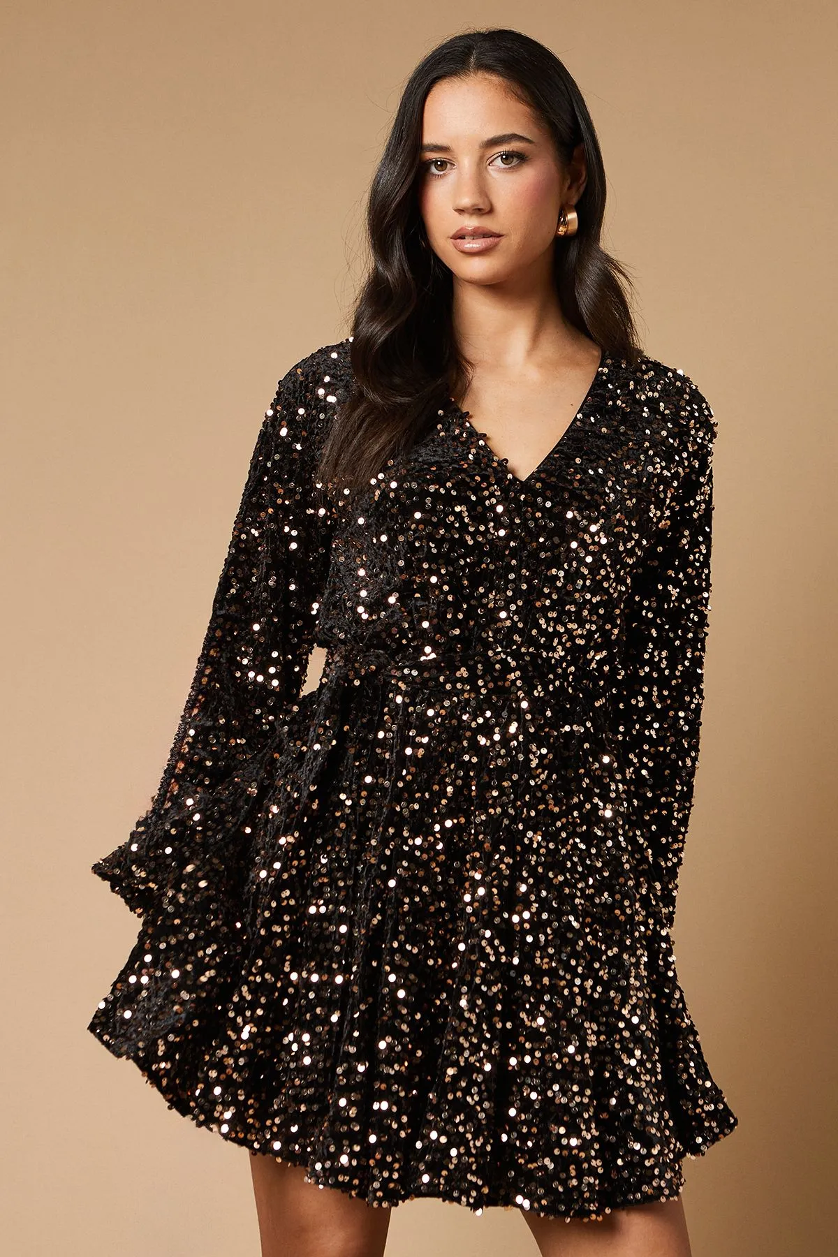 Sequin Long Sleeve Button Detail Mini Dress
