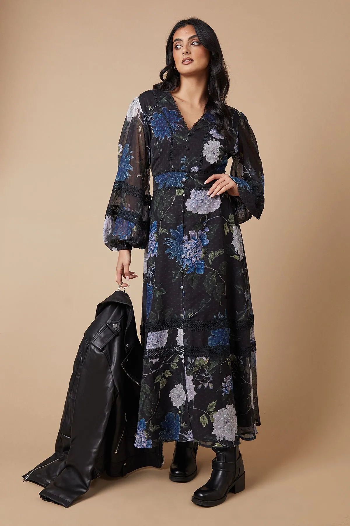 Floral Dobby Chiffon Lace Insert Button Through Midi Dress