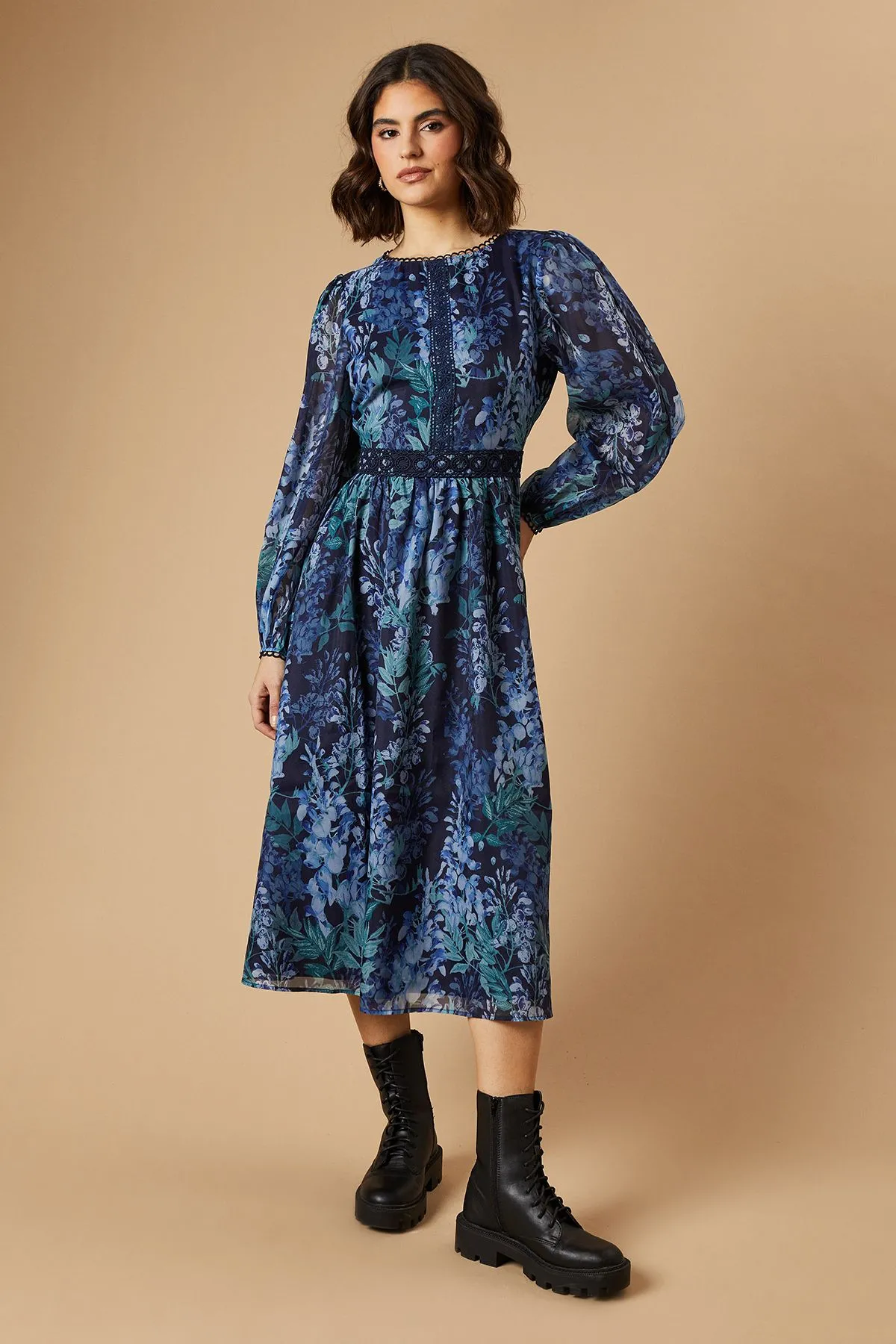 Floral Printed Organza Lace Trim Midaxi Dress