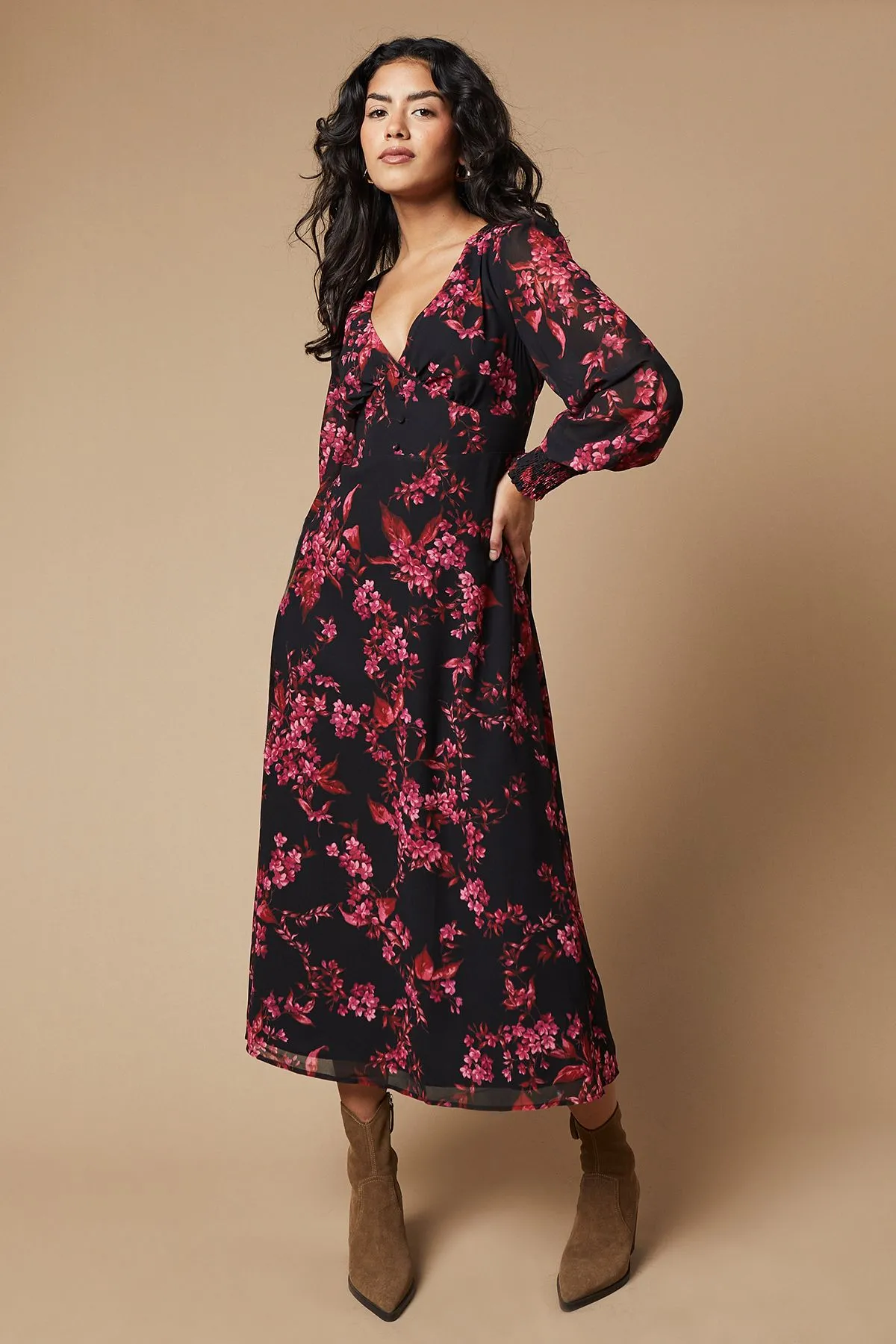 Petite Occasion Printed Button Midi Dress