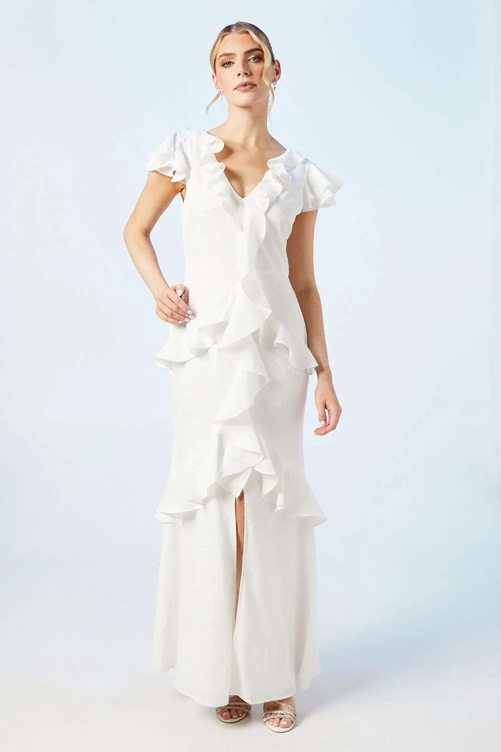 V Neck Ruffle Floral Chiffon Wedding Dress