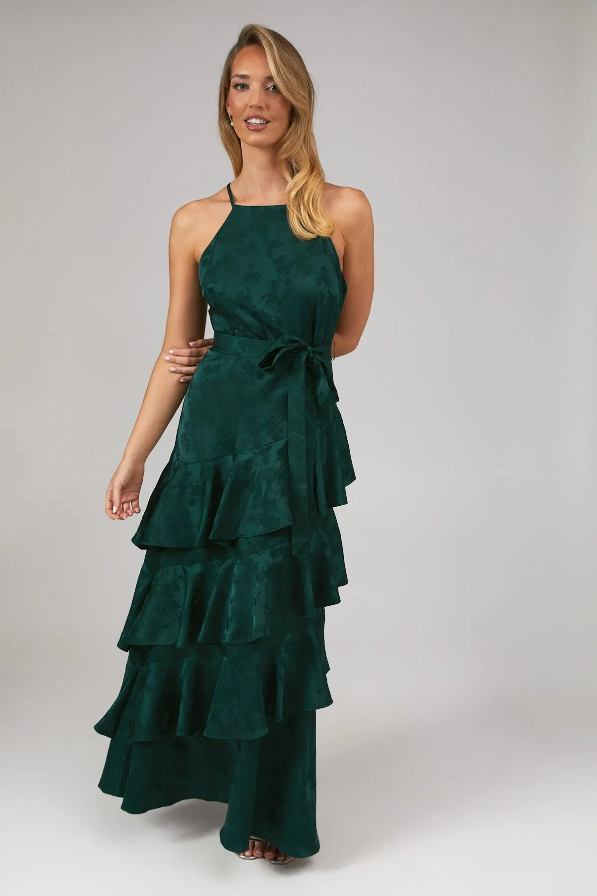 Satin Jacquard Ruffle Halter Neck Bridesmaid Dress
