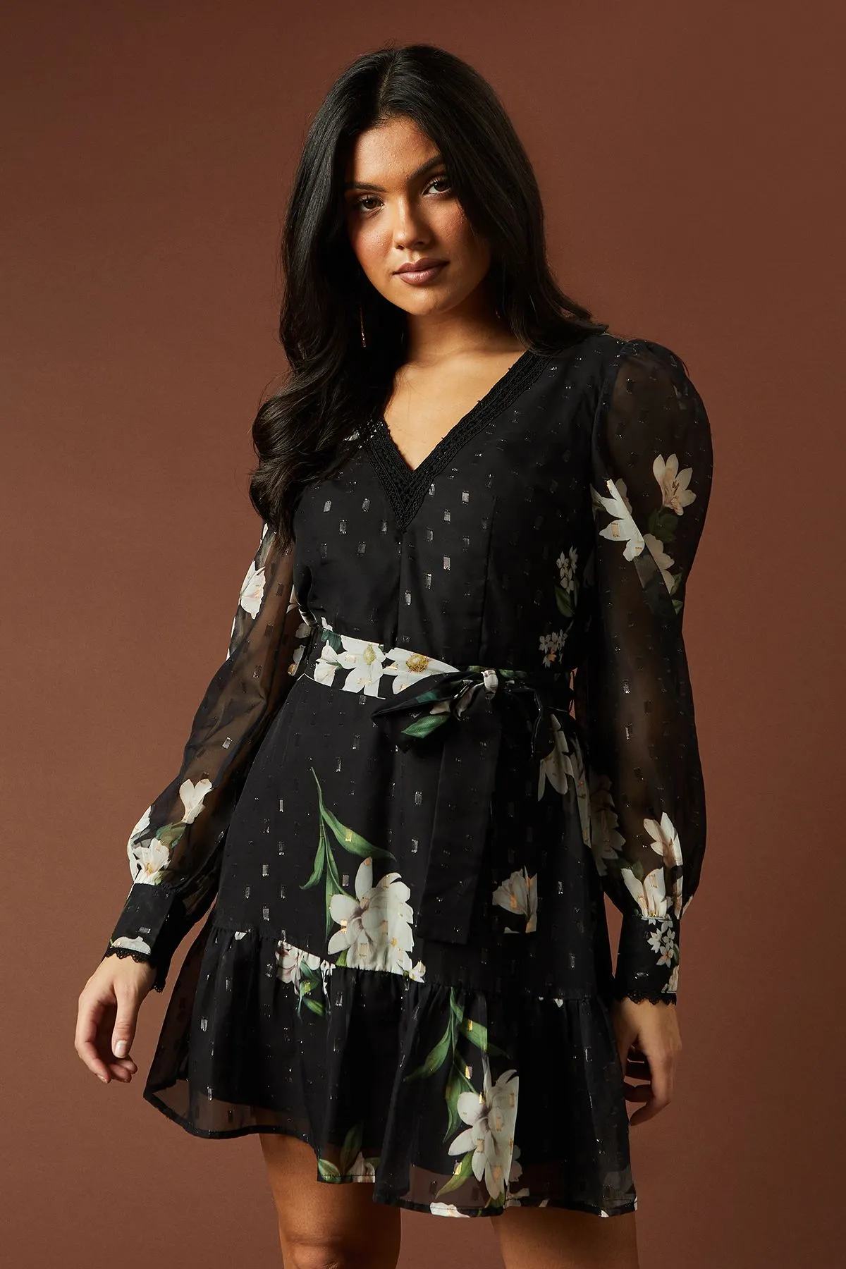 Occasion Printed Metallic V Neck Belted Ruffle Mini Dress