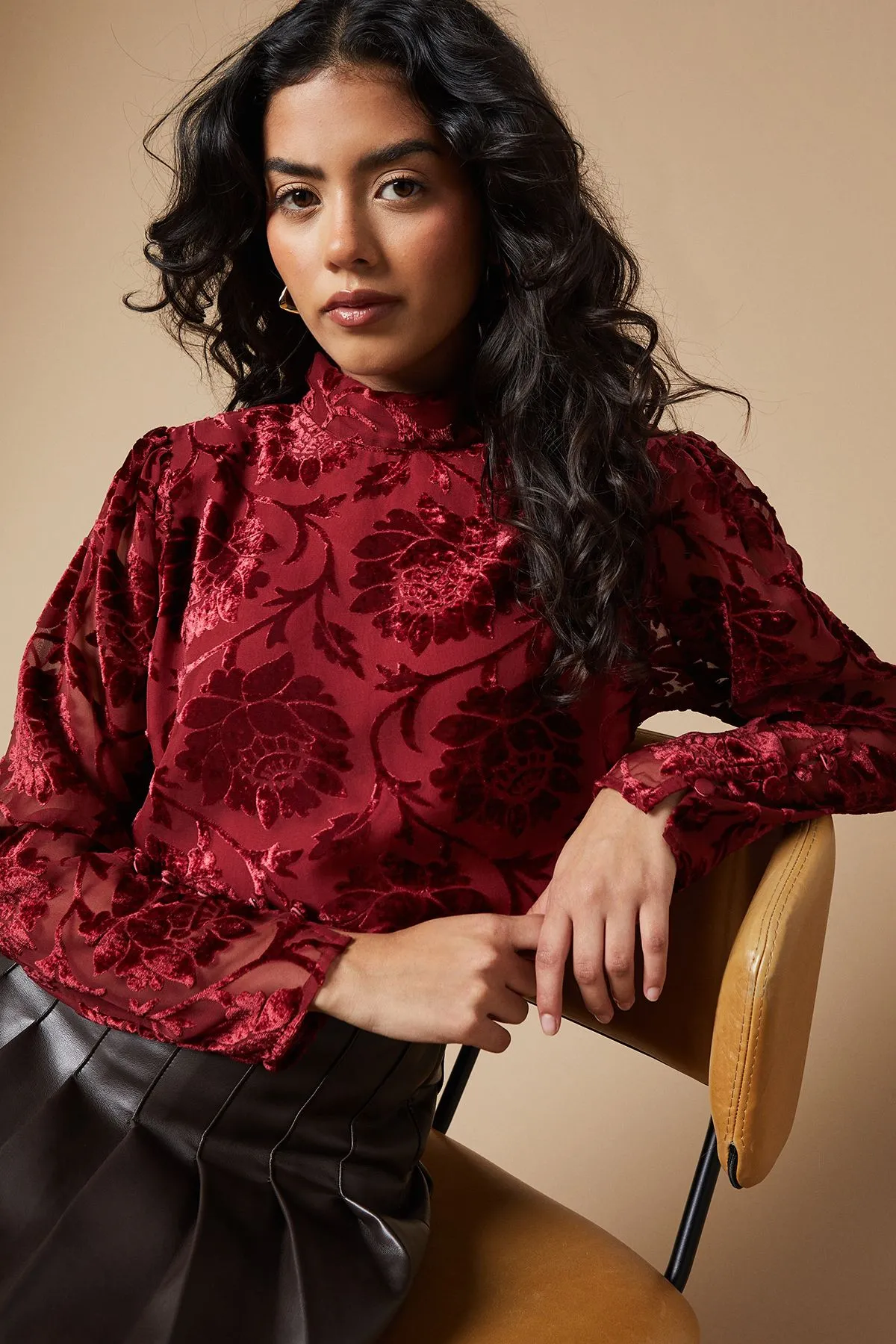 Petite Velvet High Neck Button Detail Blouse