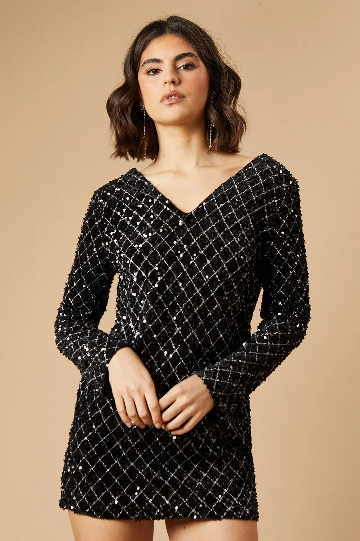 Sequin Geometric Trim Flared Sleeve Mini Dress