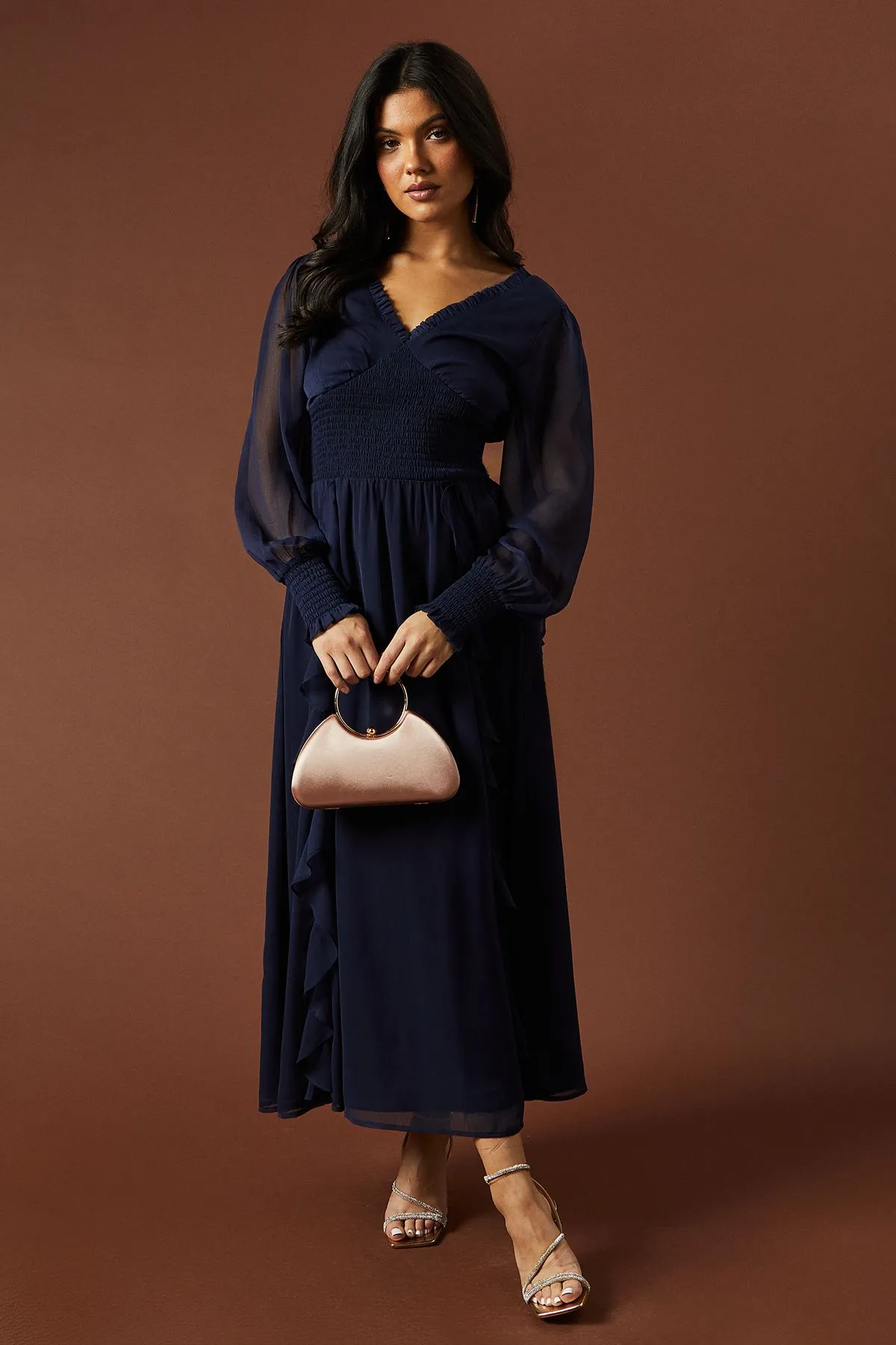 Plain Ruffle Detail Shirred Waist Midaxi Dress