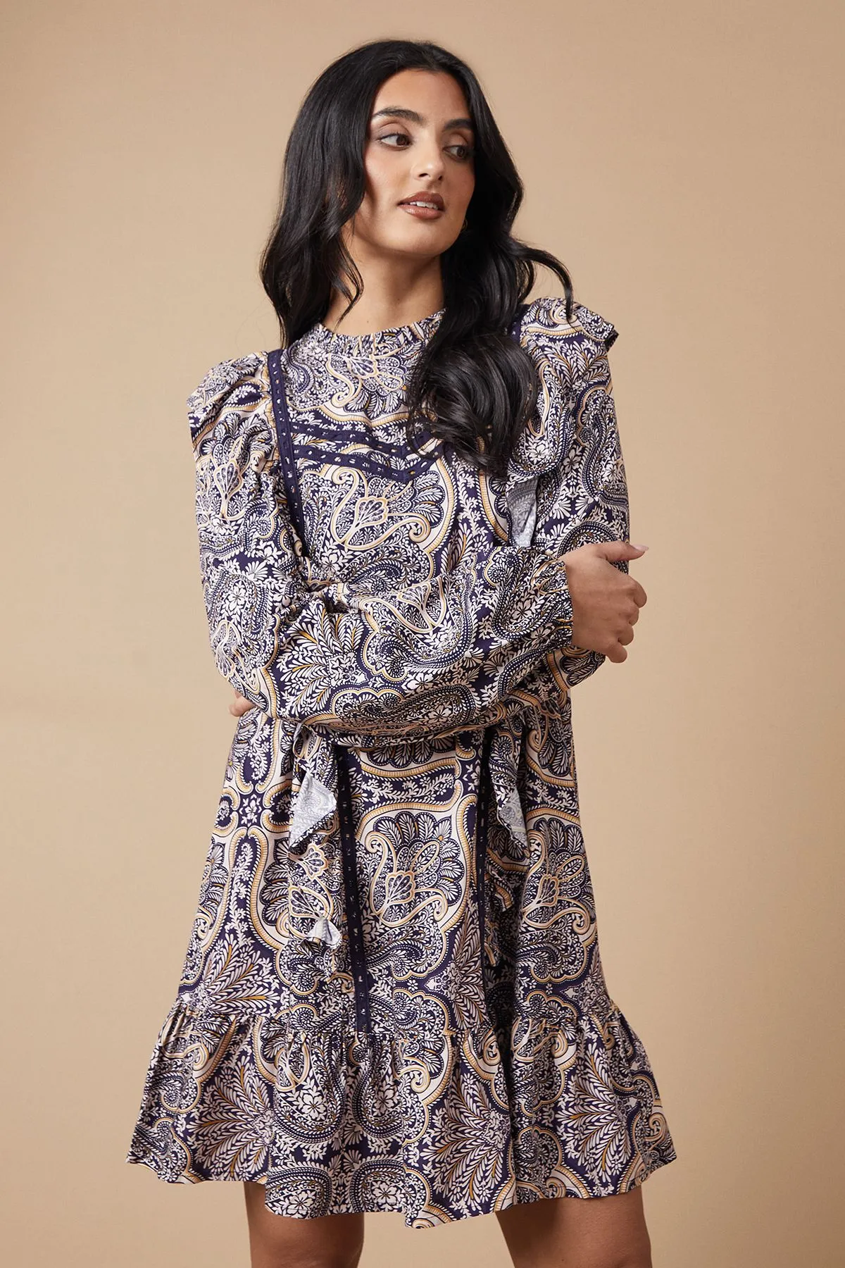 Paisley Printed Ruffle Lace Trim Mini Dress