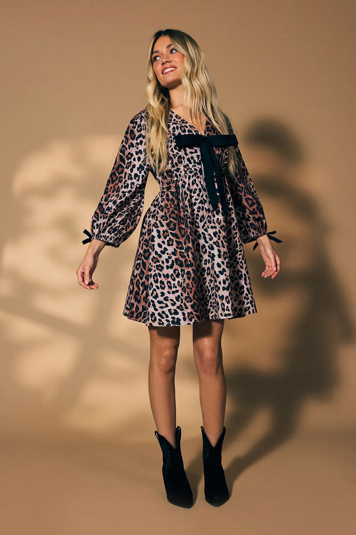 Animal Printed Poplin Contrast Bow Detail Mini Dress