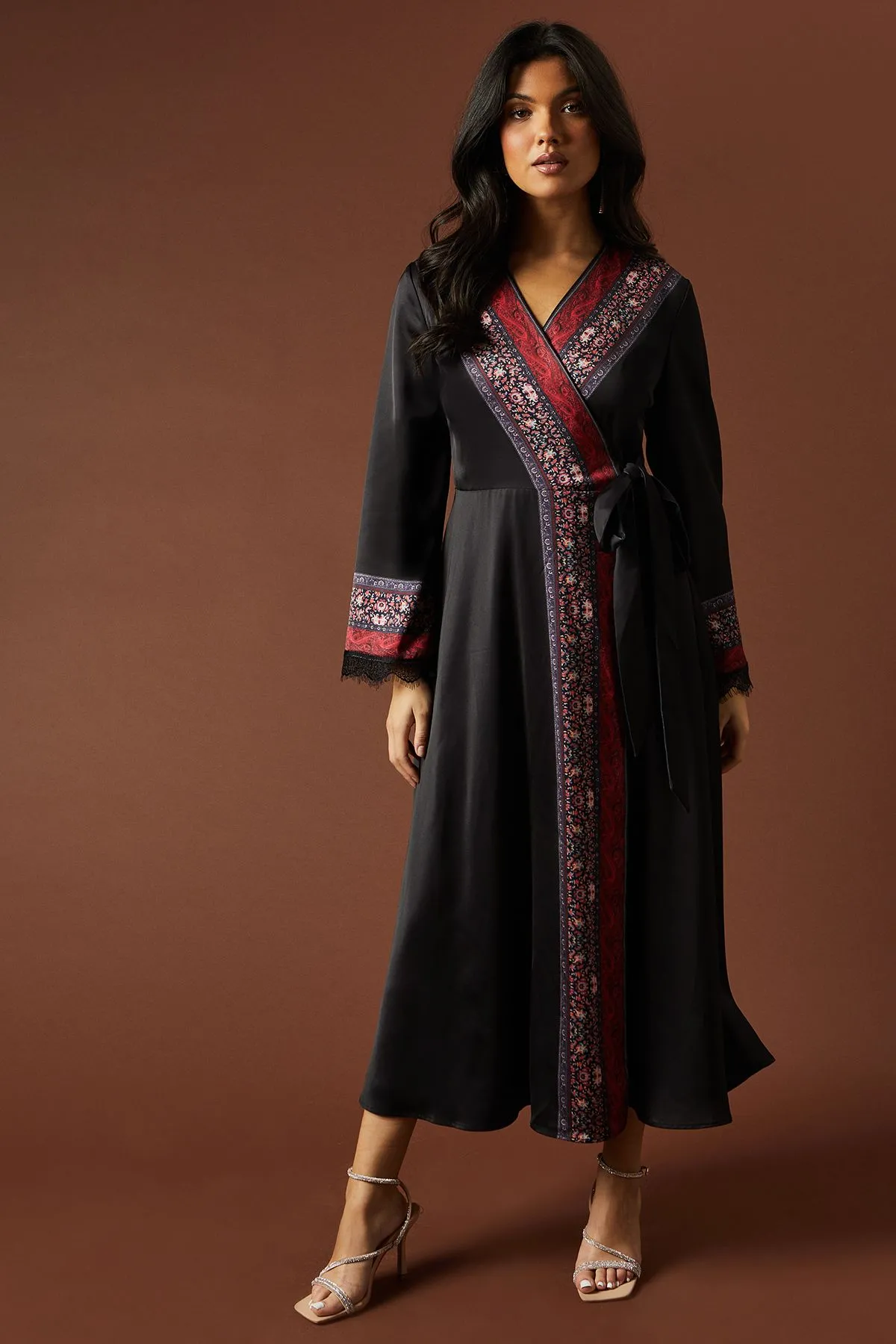 Placement Print Wrap Satin Midaxi Dress