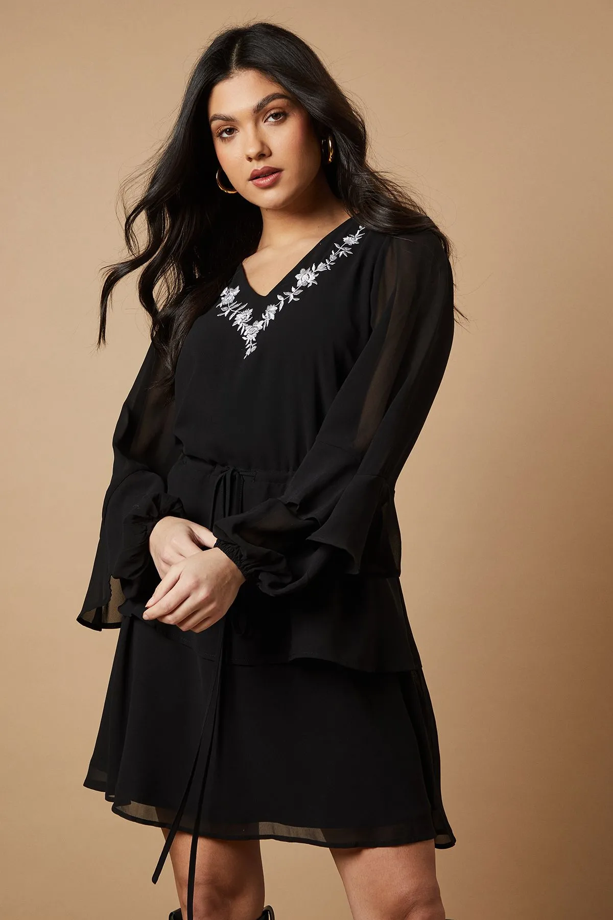 Embroidered Ruffle Tier Mini Dress