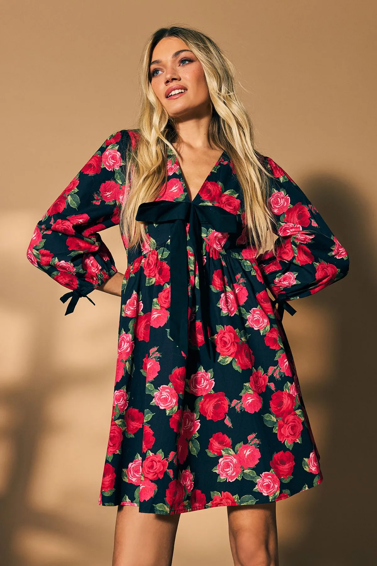 Rose Printed Poplin Contrast Bow Detail Mini Dress