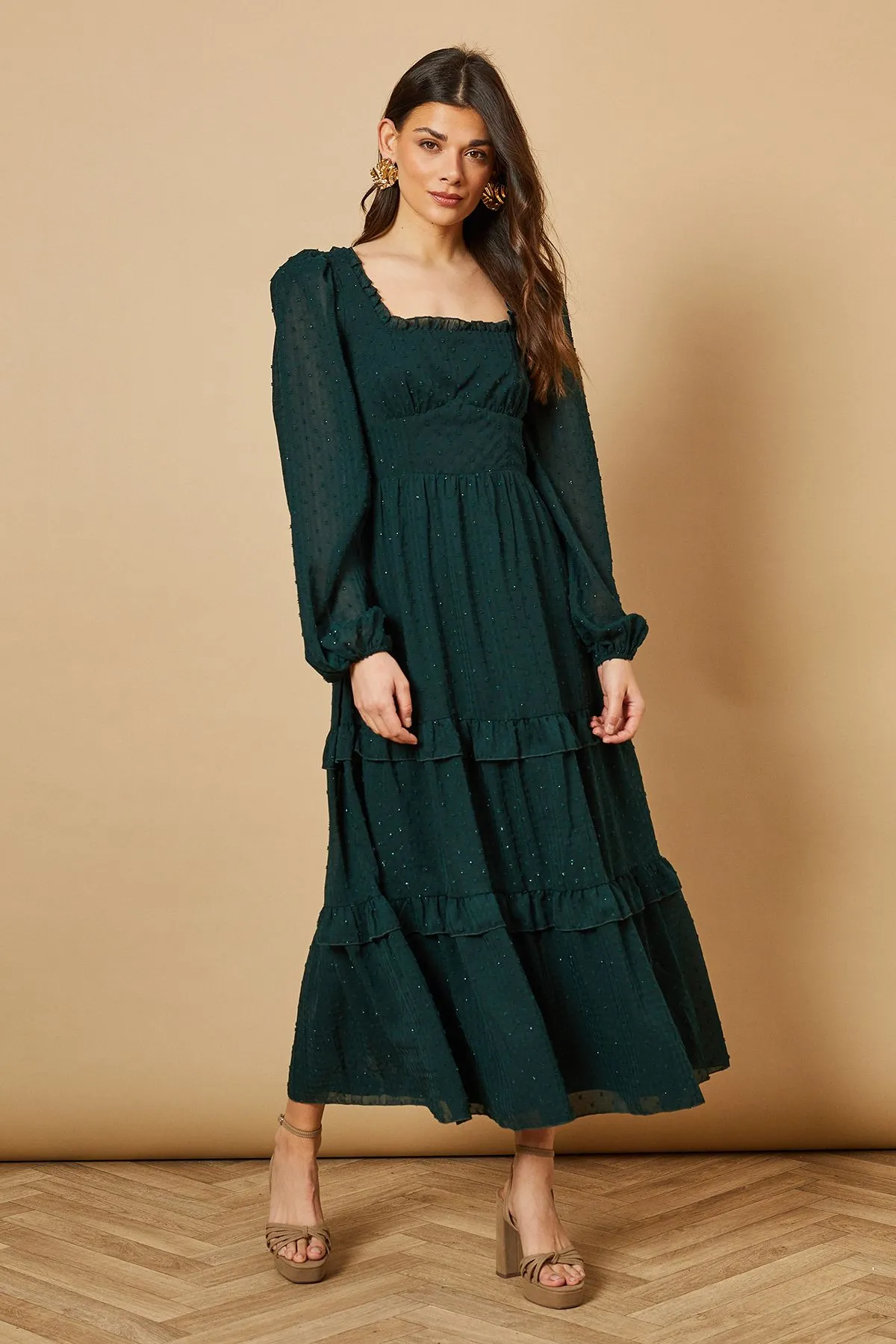 Burnout Chiffon Tie Detail Ruffle Tiered Midi Dress