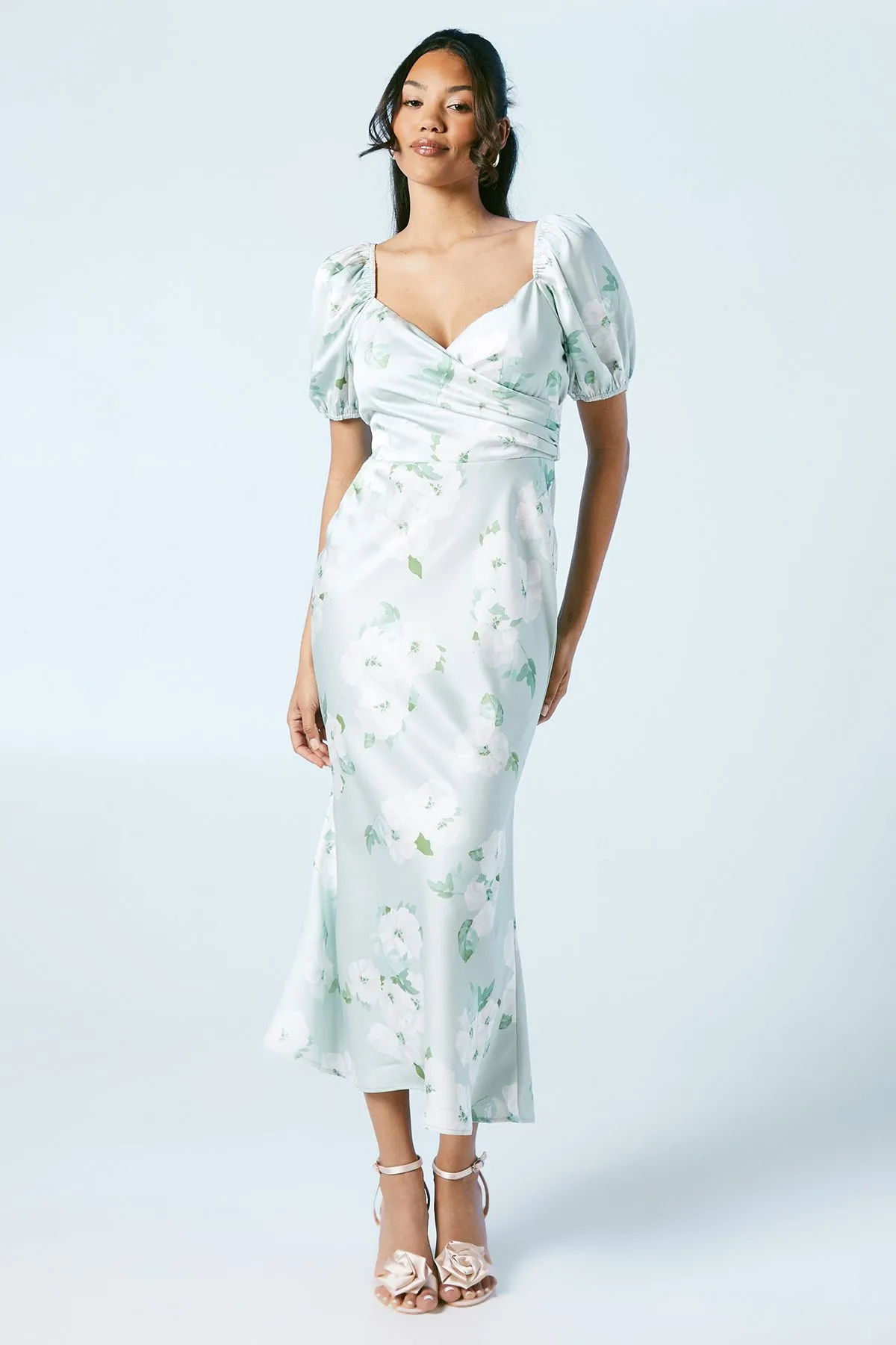 Sage Posy Puff Sleeve Satin Wrap Top Bridesmaid Midi Dress