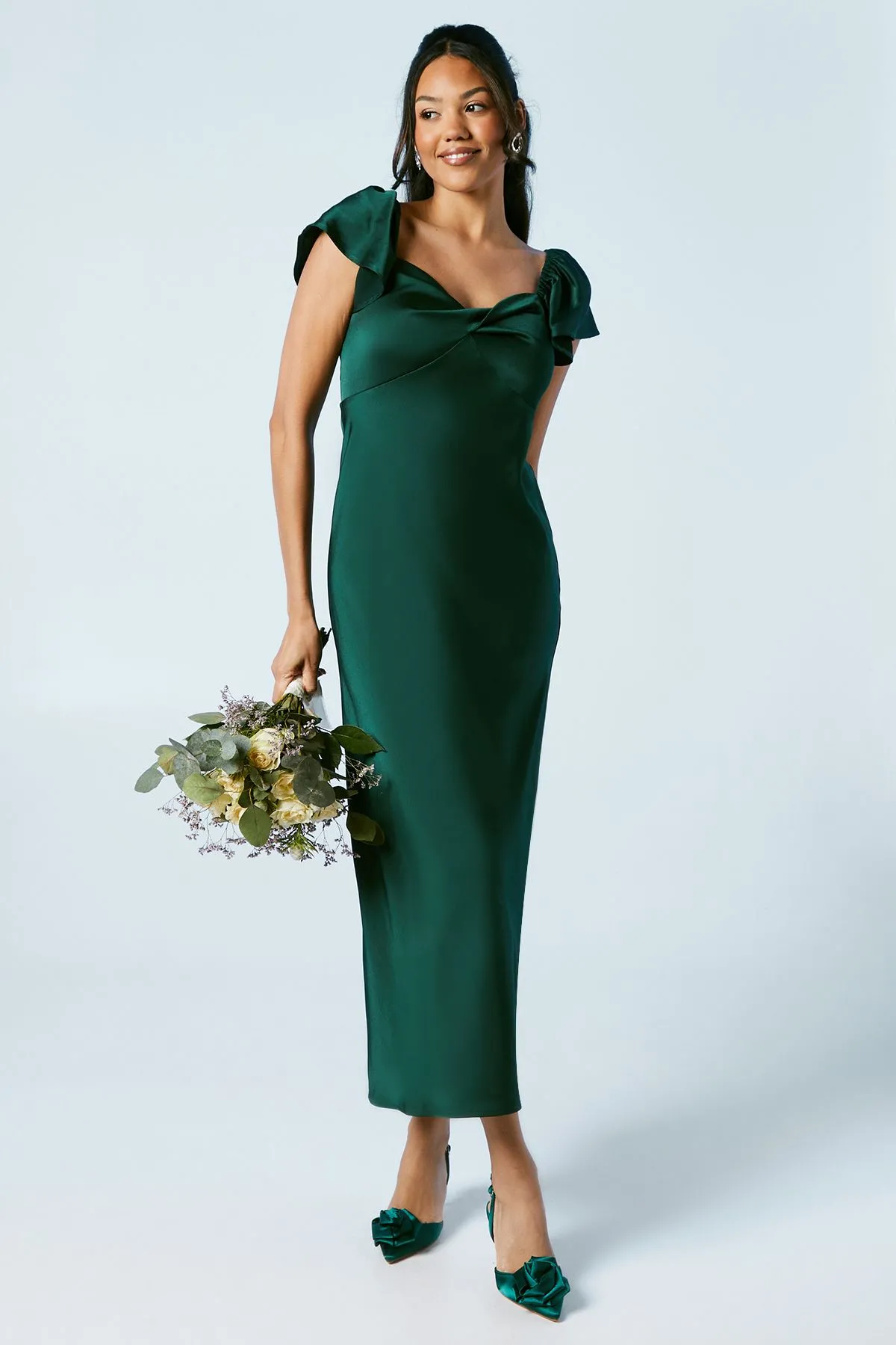 Twist Front Angel Sleeve Bridesmaid Dress