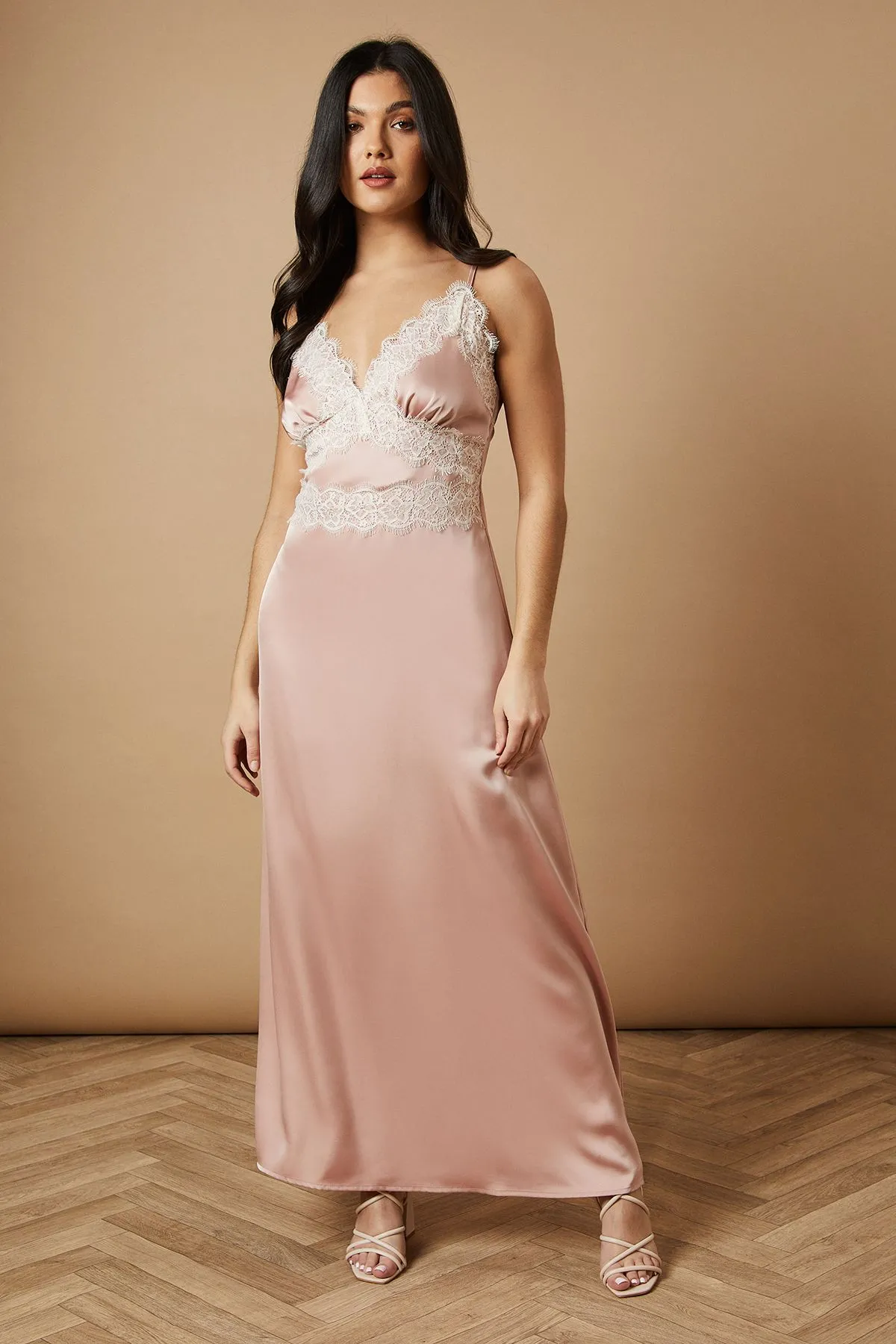 Satin Lace Detail Strappy Maxi Dress