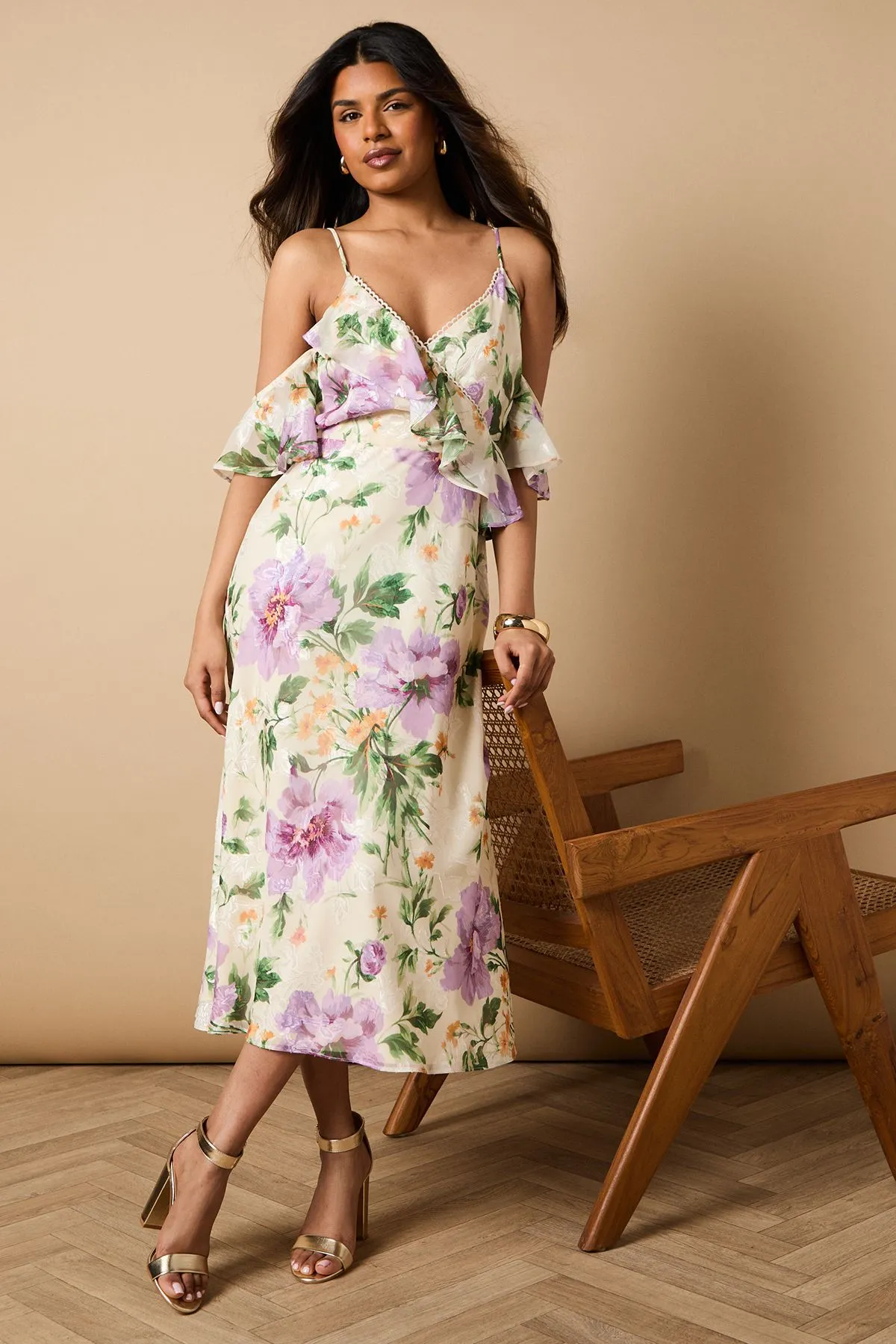 Petite Floral Satin Burnout Cold Shoulder Dress