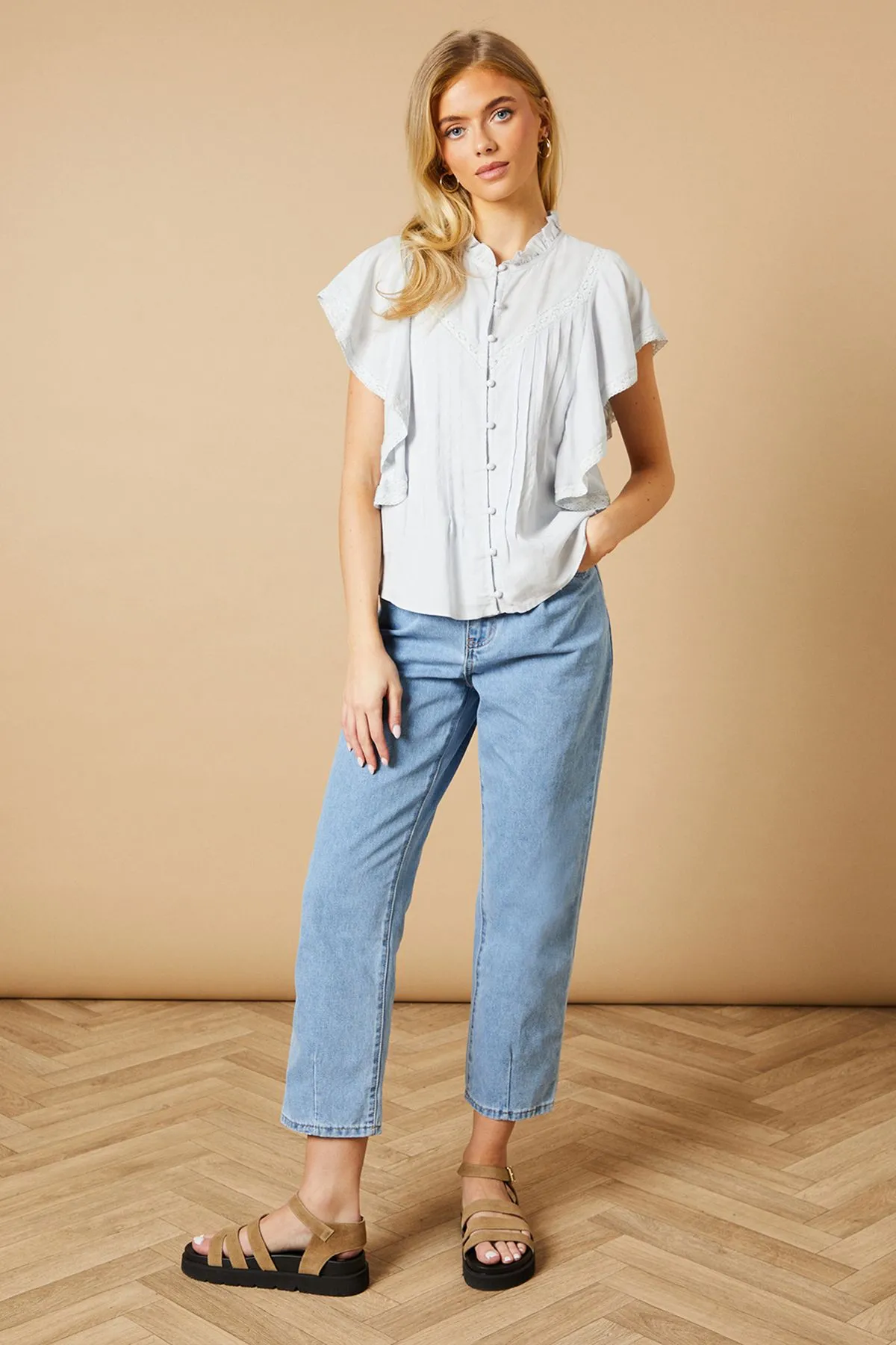 High Neck Button Through Lace Insert Blouse