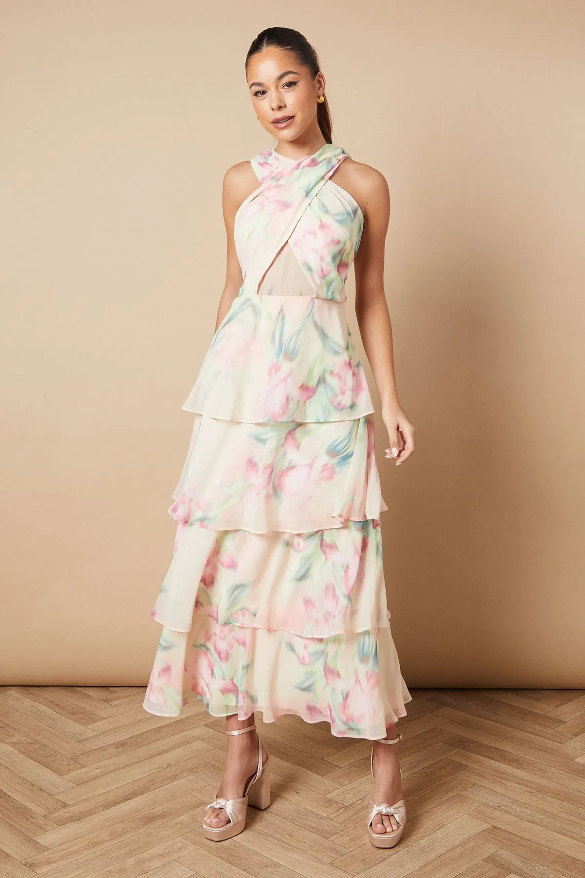 Floral Printed Halter Neck Chiffon Tiered Maxi Dress