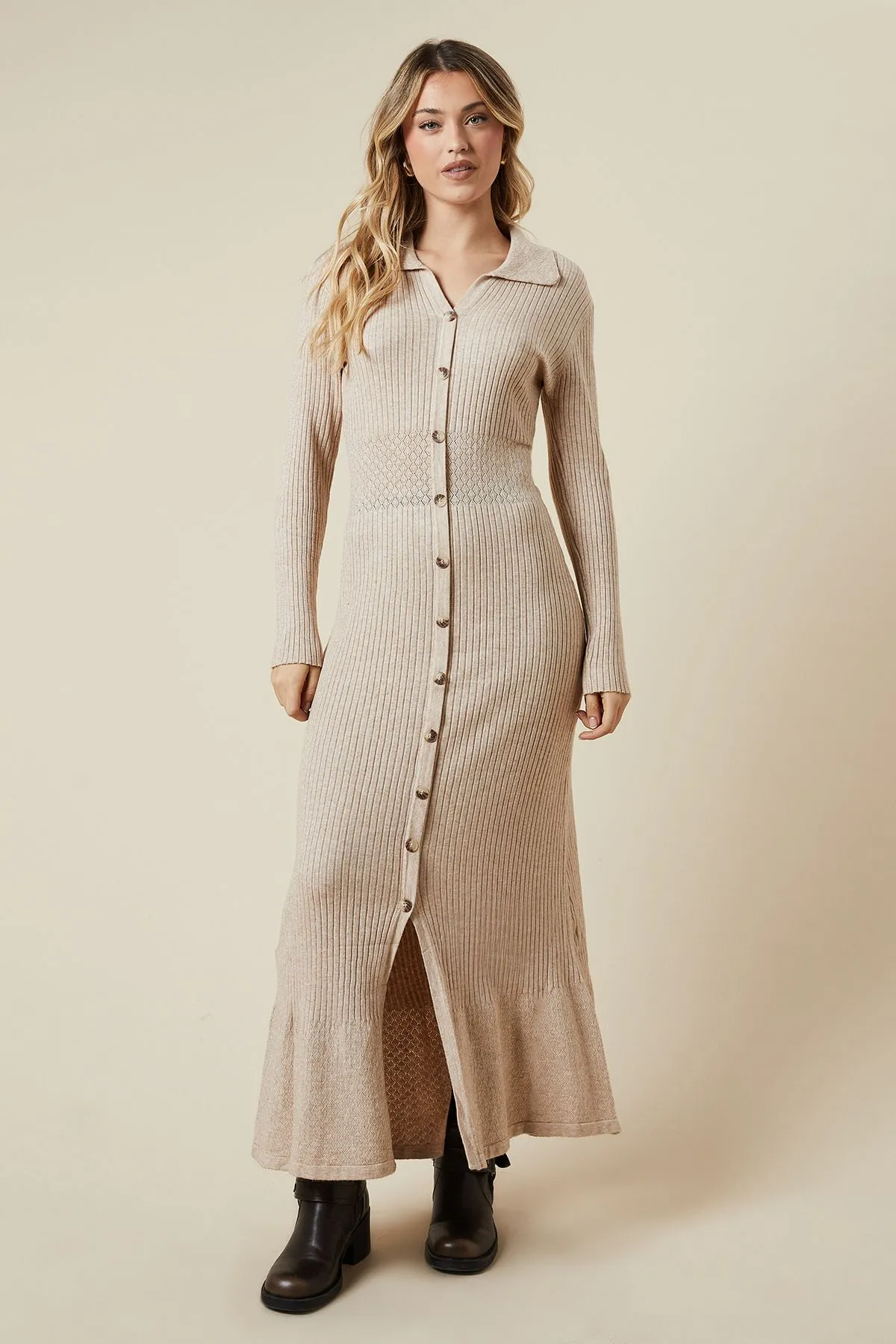 Pointelle Waist Detail Button Down Knitted Midi Dress