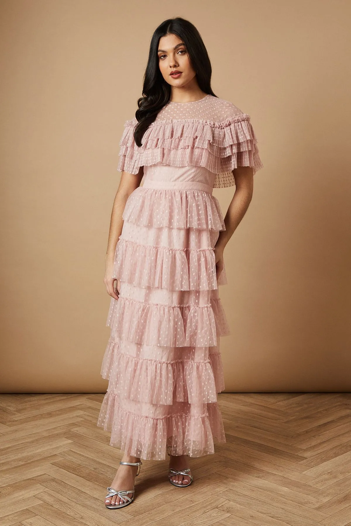 Spot Mesh Ruffle Detail Maxi Dress