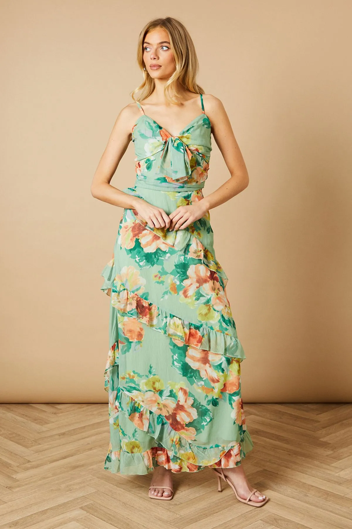 Floral Waist Detail Ruffle Midi Dress