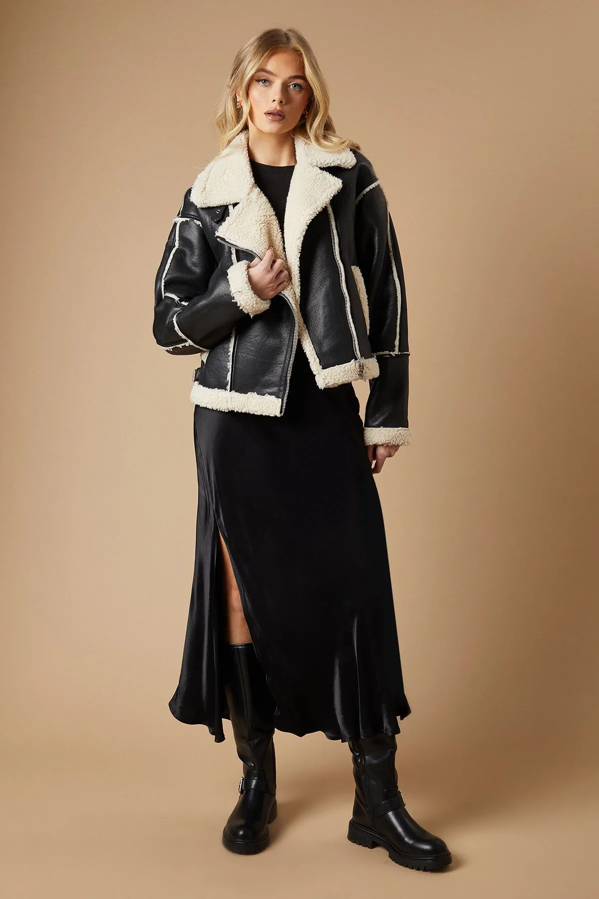 PU Borg Detail Collared Zip Jacket