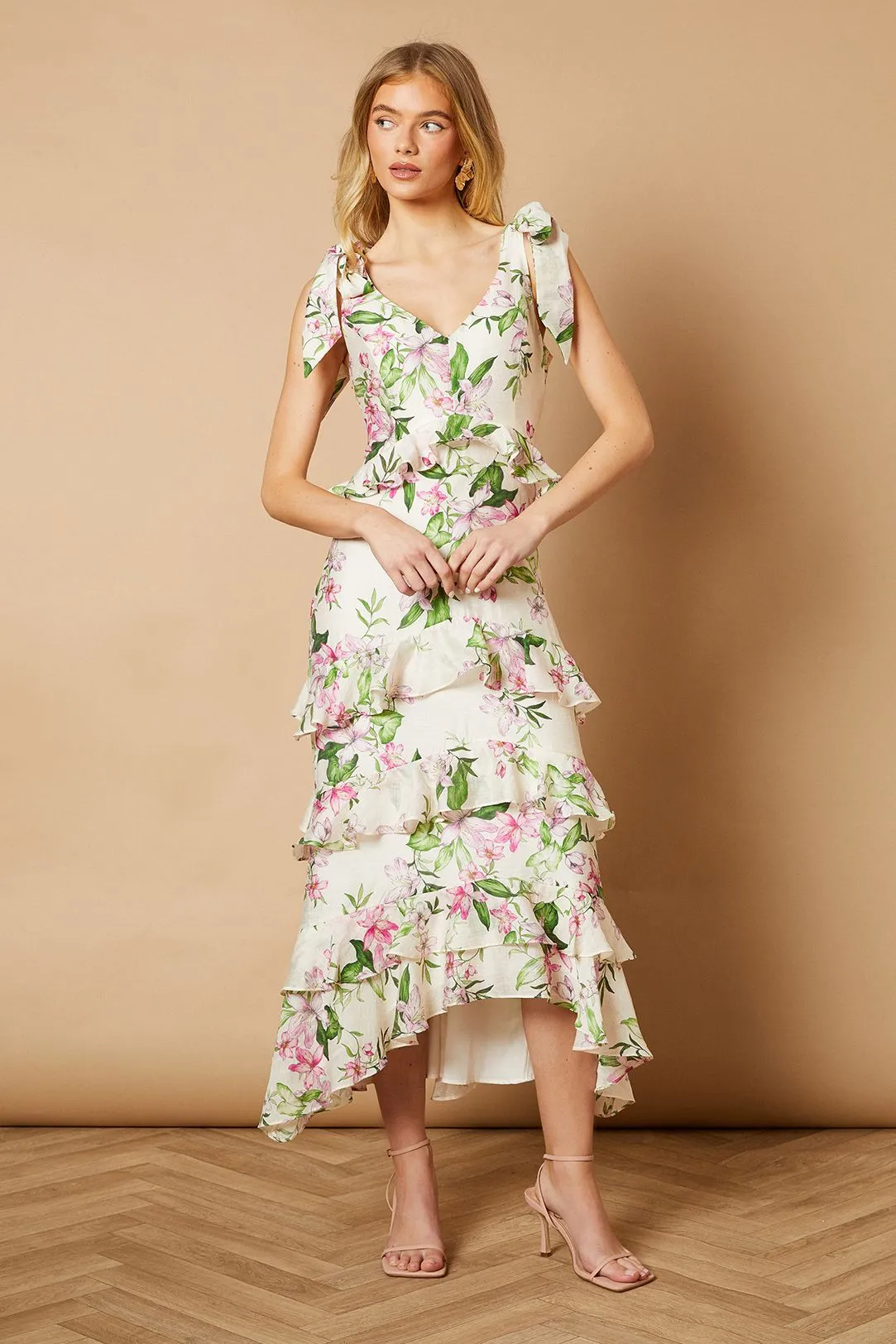 Floral Printed Tiered Ruffle Tie Shoulder Midi Dress