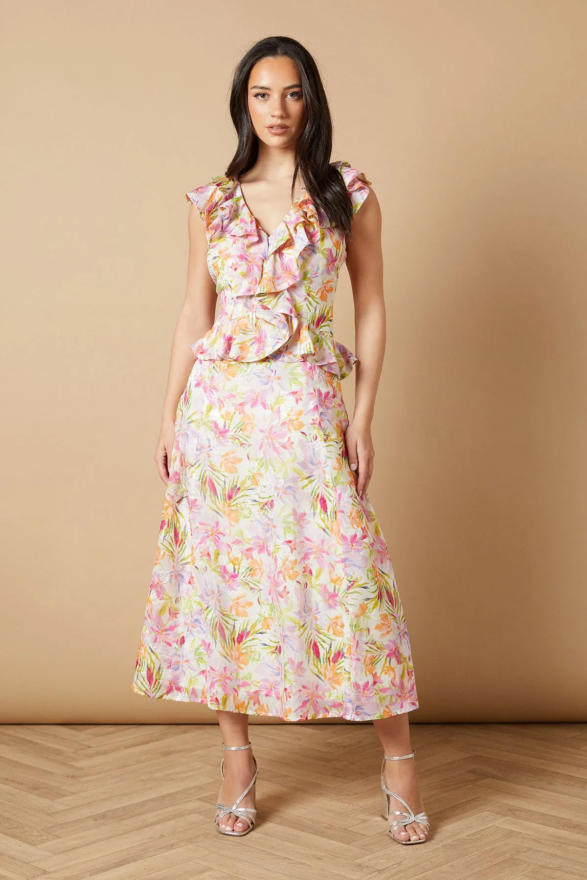 Floral Ruffle Detail V Neck Midi Dress