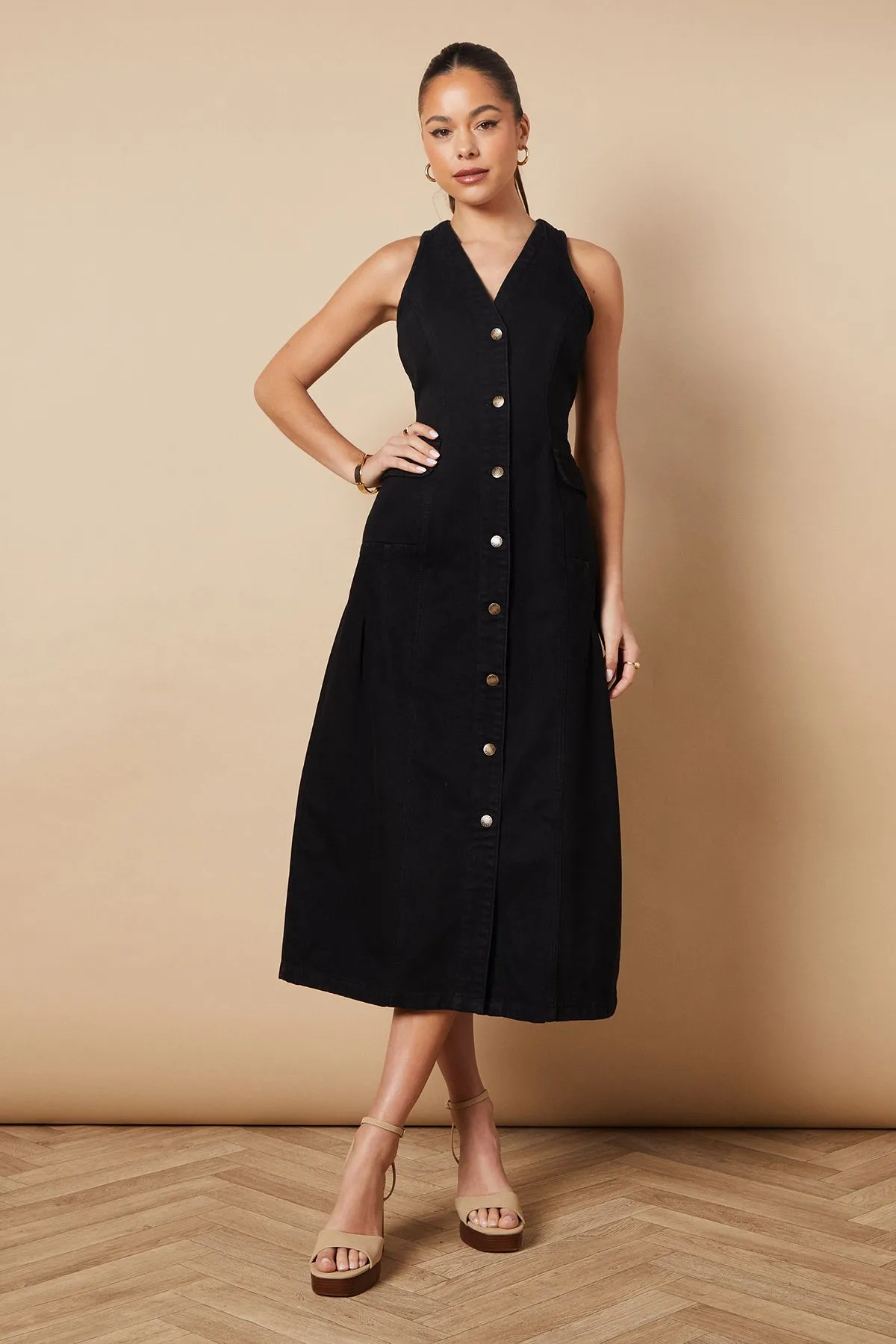 Flap Pocket Drop Waist Seam Midi Dress