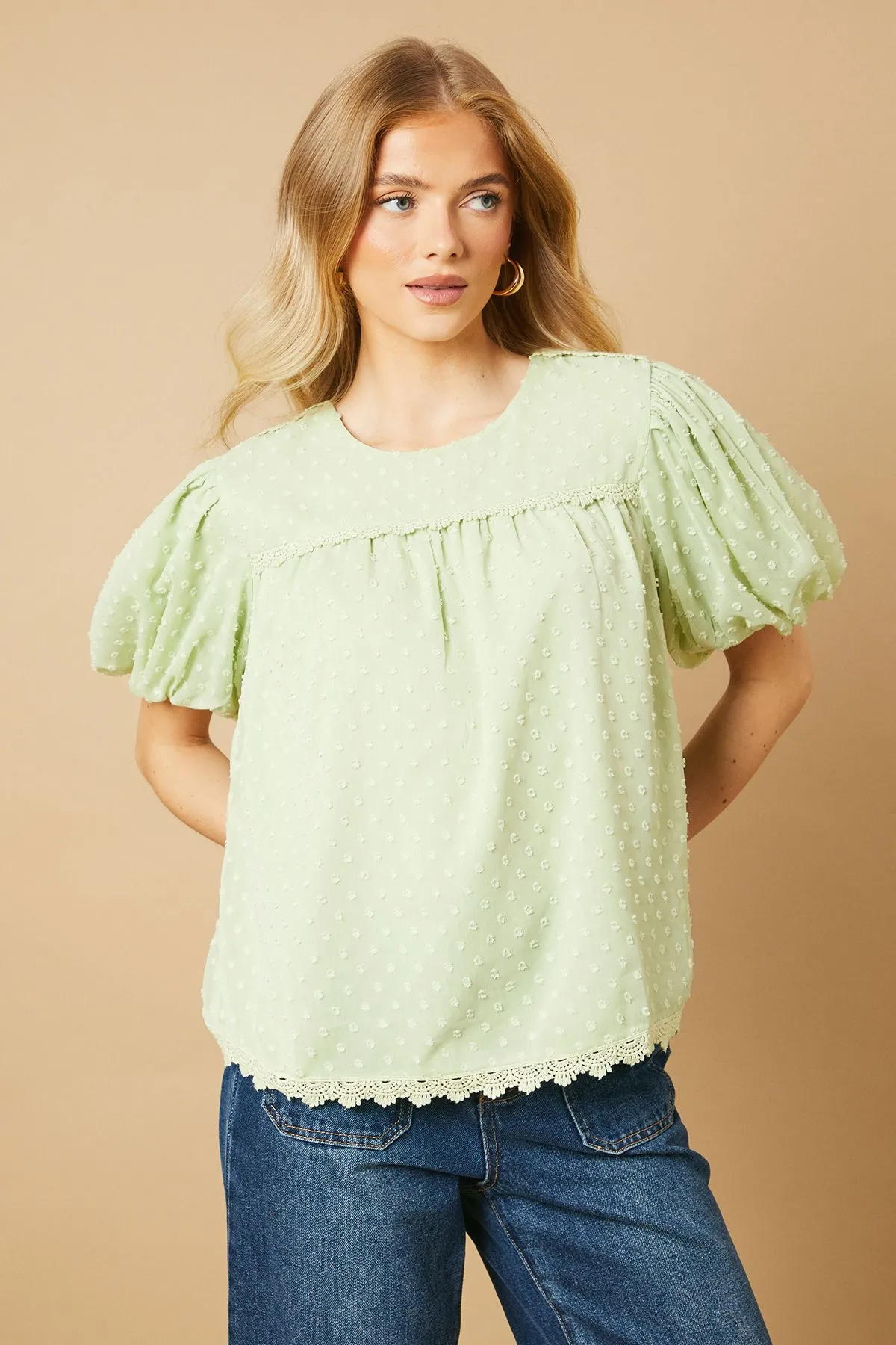 Lace Trim Puff Sleeve Blouse
