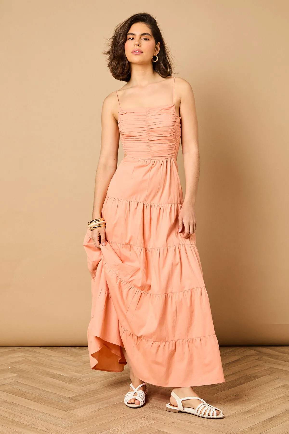 Gathered Bodice Tie Back Maxi Dress
