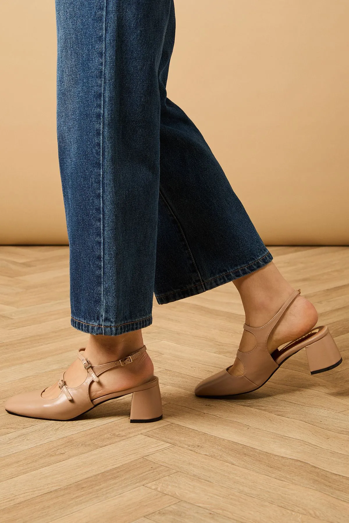 Imorina Faux Leather Double Mary Jane Slingback Medium Block Heeled Shoes