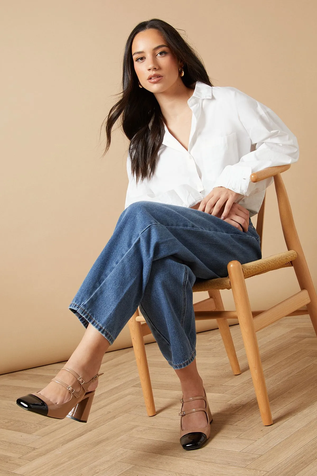 Meredia Faux Patent Leather Double Mary Jane Slingback High Block Heel Court Shoes