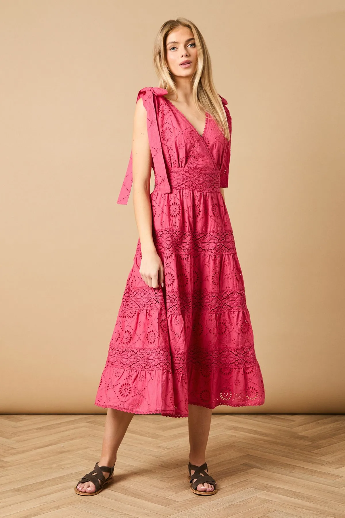 Petite Tie Shoulder V Neck Broderie Midi Dress