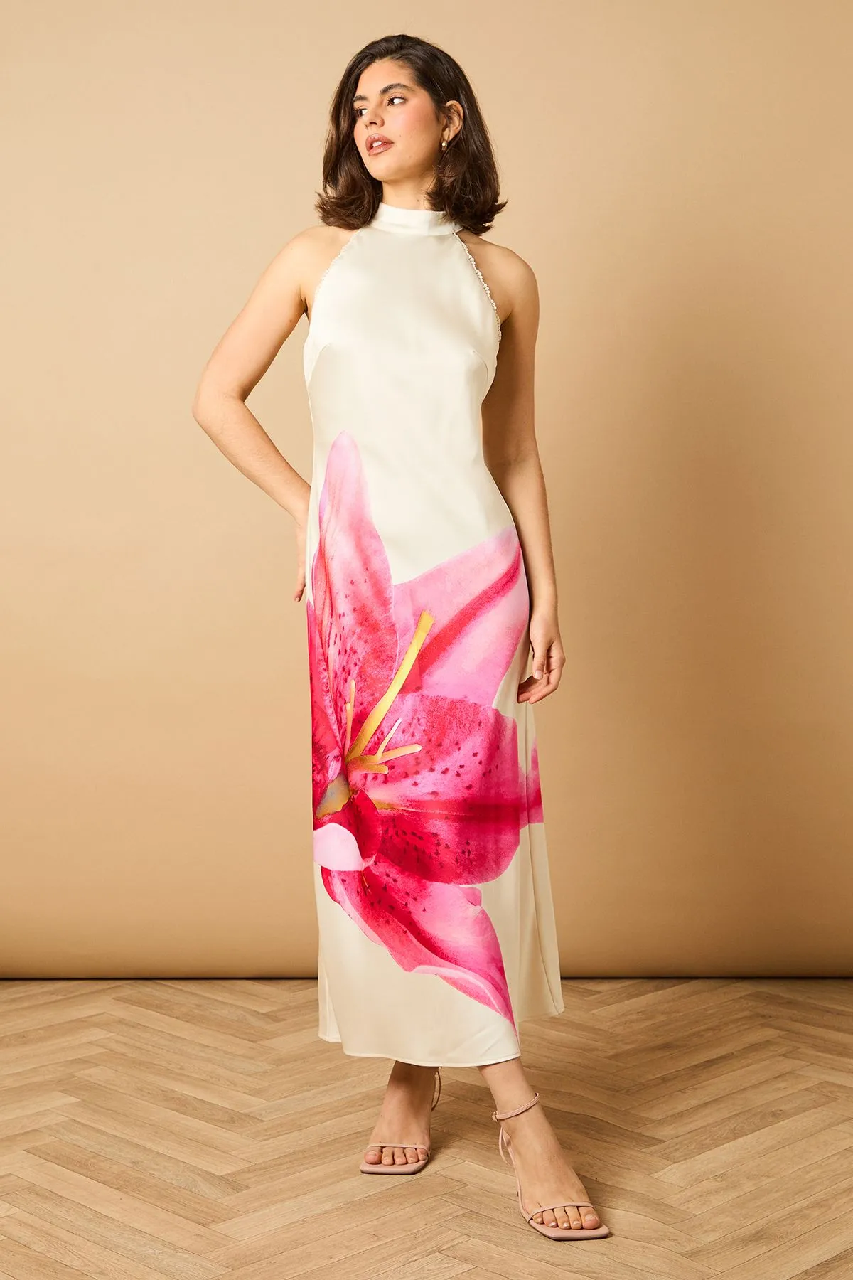 Placement Print Bias Halterneck Slip Dress