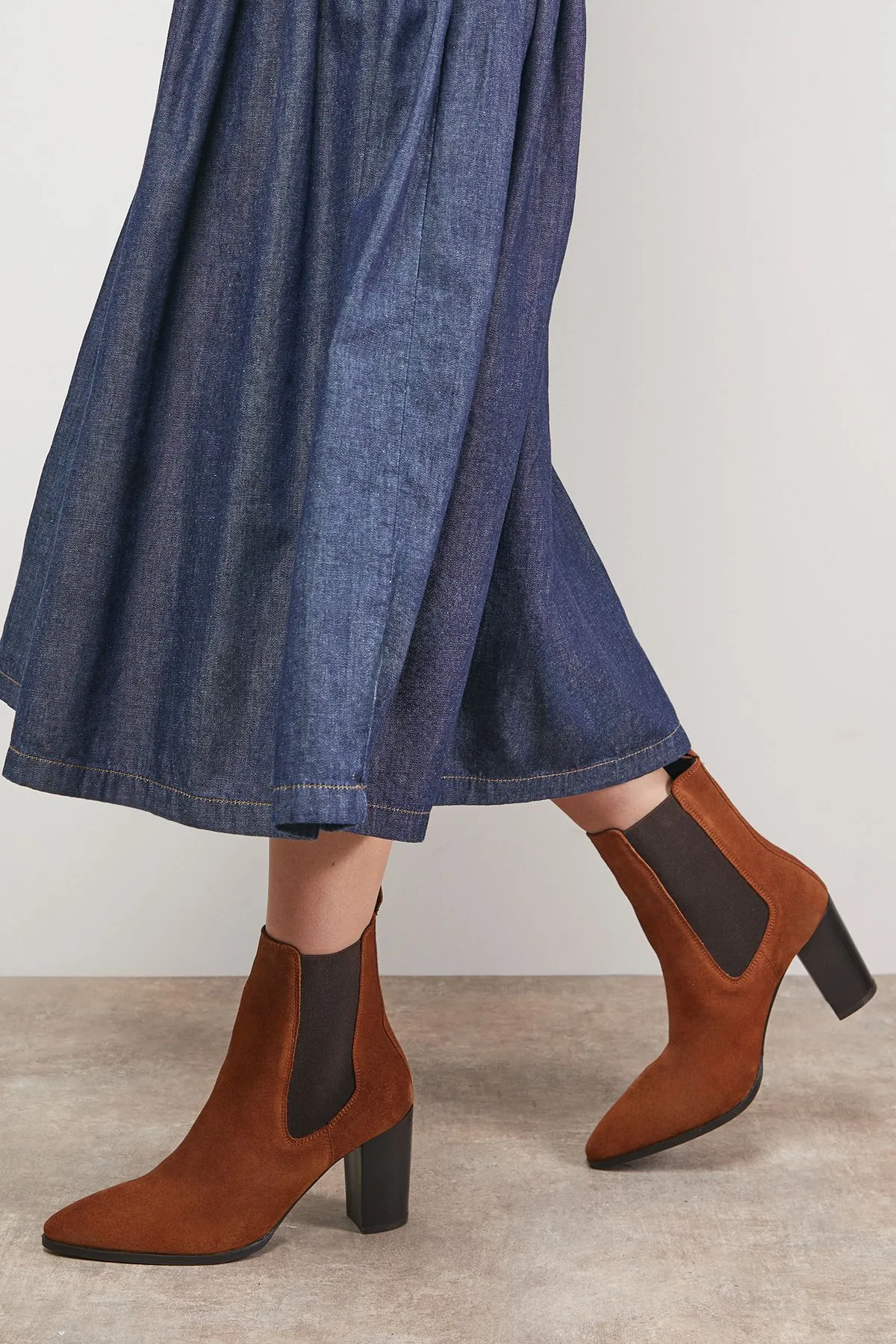 Moss Suede Chelsea High Block Heel Ankle Boots