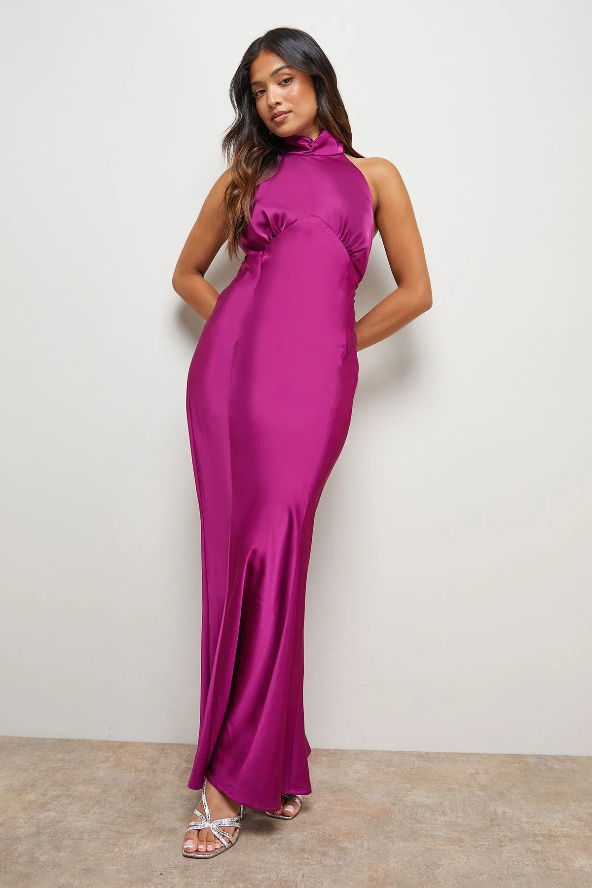 Petite Satin Halterneck Bias Midi Dress