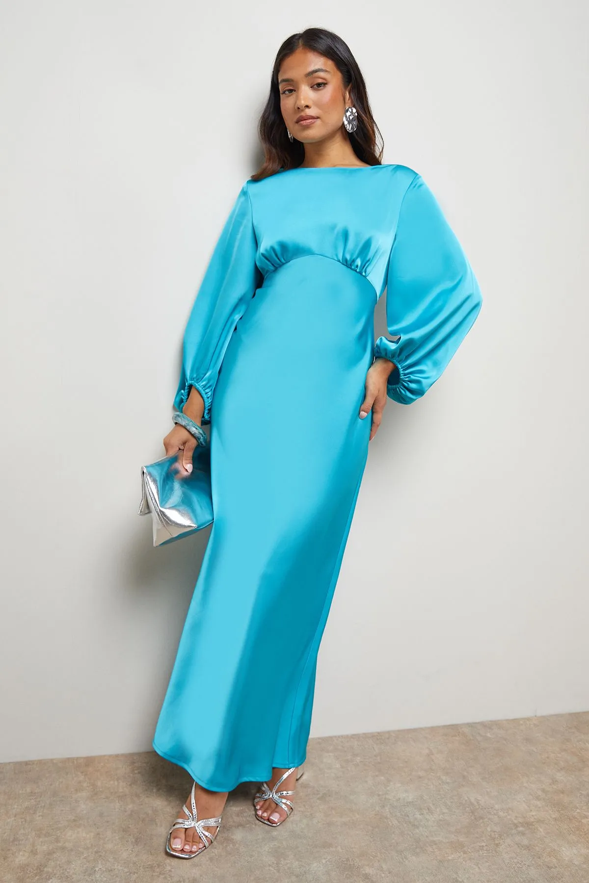 Petite Satin Boho Sleeve Crew Neck Bias Midi Dress
