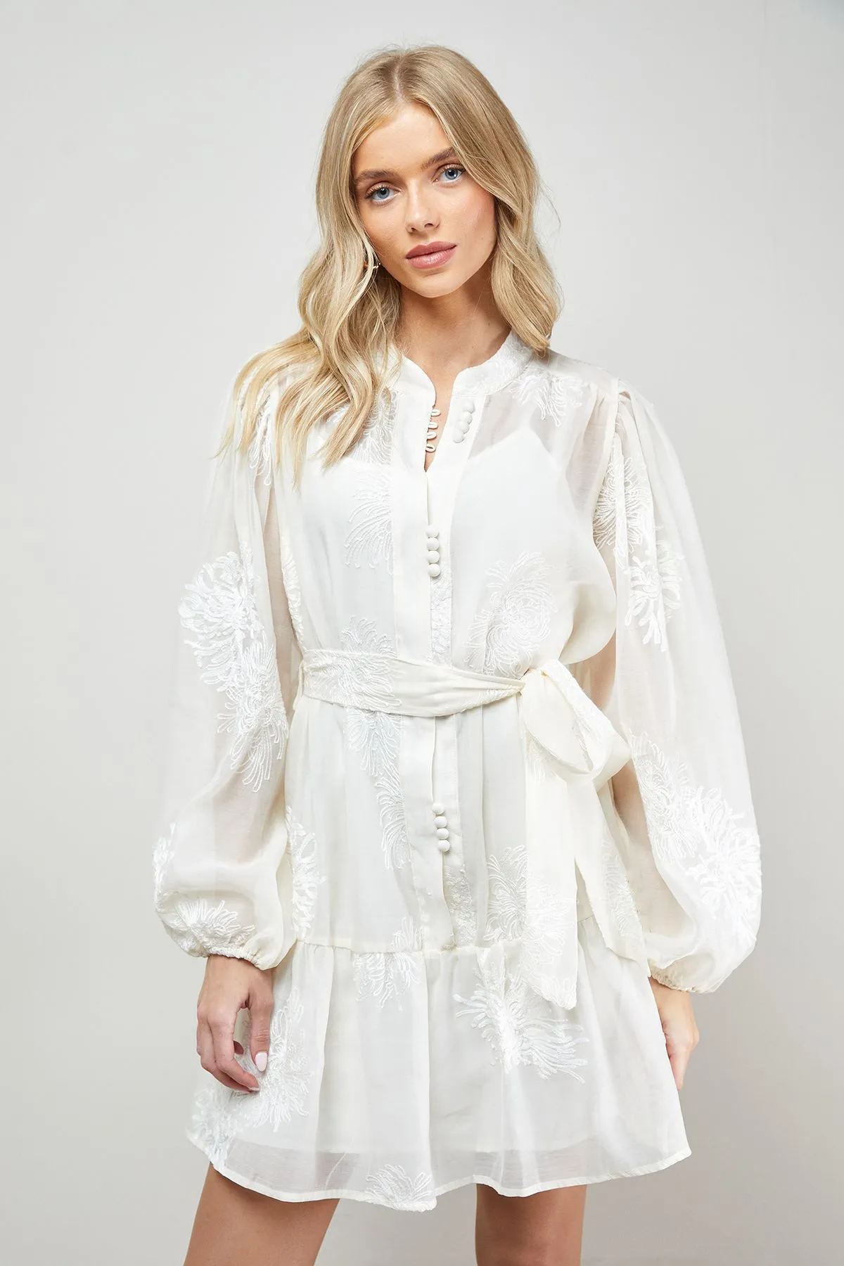 Jacquard Chiffon Button Down Belted Mini Dress