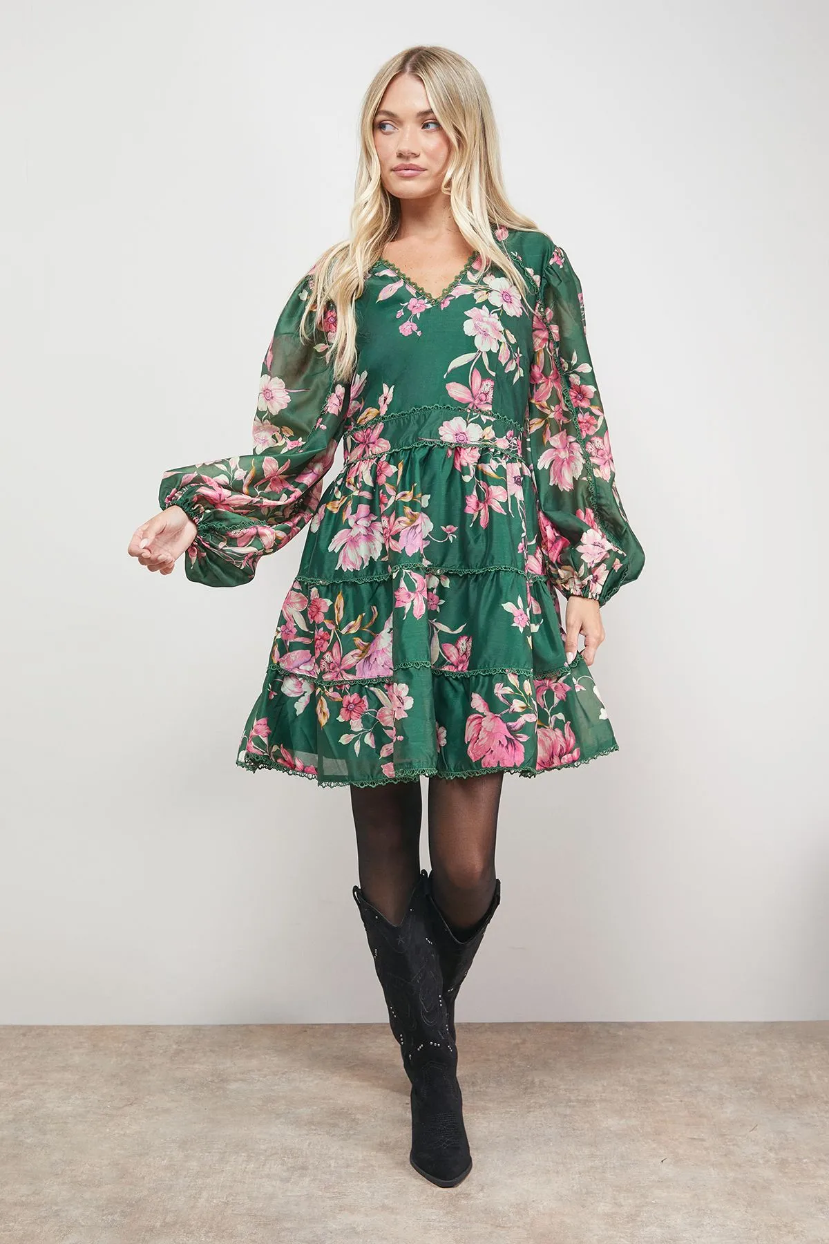 Printed Trim Detail V Neck Tiered Mini Dress