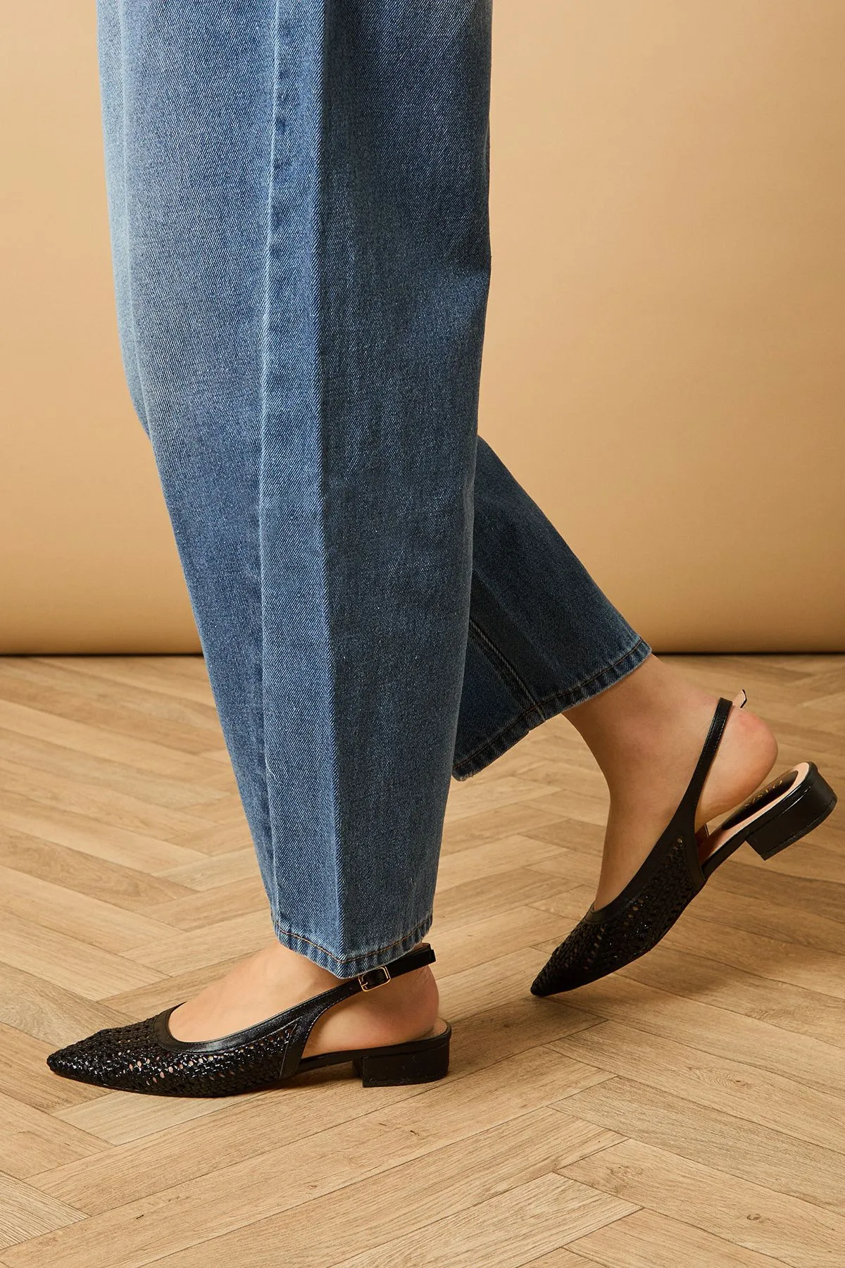 Clara Faux Leather Woven Pointed Slingback Low Heel Court Shoes